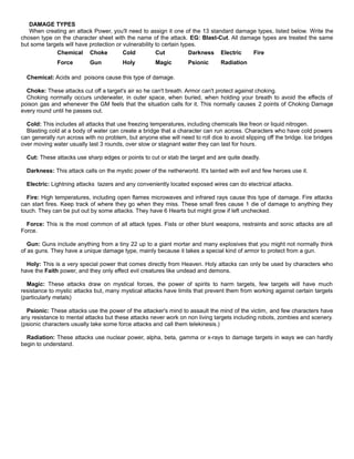 DAMAGE TYPES
When creating an attack Power, you'll need to assign it one of the 13 standard damage types, listed below. Write the
chosen type on the character sheet with the name of the attack. EG: Blast-Cut. All damage types are treated the same
but some targets will have protection or vulnerability to certain types.
Chemical Choke Cold Cut Darkness Electric Fire
Force Gun Holy Magic Psionic Radiation
Chemical: Acids and poisons cause this type of damage.
Choke: These attacks cut off a target's air so he can't breath. Armor can't protect against choking.
Choking normally occurs underwater, in outer space, when buried, when holding your breath to avoid the effects of
poison gas and whenever the GM feels that the situation calls for it. This normally causes 2 points of Choking Damage
every round until he passes out.
Cold: This includes all attacks that use freezing temperatures, including chemicals like freon or liquid nitrogen.
Blasting cold at a body of water can create a bridge that a character can run across. Characters who have cold powers
can generally run across with no problem, but anyone else will need to roll dice to avoid slipping off the bridge. Ice bridges
over moving water usually last 3 rounds, over slow or stagnant water they can last for hours.
Cut: These attacks use sharp edges or points to cut or stab the target and are quite deadly.
Darkness: This attack calls on the mystic power of the netherworld. It's tainted with evil and few heroes use it.
Electric: Lightning attacks tazers and any conveniently located exposed wires can do electrical attacks.
Fire: High temperatures, including open flames microwaves and infrared rays cause this type of damage. Fire attacks
can start fires. Keep track of where they go when they miss. These small fires cause 1 die of damage to anything they
touch. They can be put out by some attacks. They have 6 Hearts but might grow if left unchecked.
Force: This is the most common of all attack types. Fists or other blunt weapons, restraints and sonic attacks are all
Force.
Gun: Guns include anything from a tiny 22 up to a giant mortar and many explosives that you might not normally think
of as guns. They have a unique damage type, mainly because it takes a special kind of armor to protect from a gun.
Holy: This is a very special power that comes directly from Heaven. Holy attacks can only be used by characters who
have the Faith power, and they only effect evil creatures like undead and demons.
Magic: These attacks draw on mystical forces, the power of spirits to harm targets, few targets will have much
resistance to mystic attacks but, many mystical attacks have limits that prevent them from working against certain targets
(particularly metals)
Psionic: These attacks use the power of the attacker's mind to assault the mind of the victim, and few characters have
any resistance to mental attacks but these attacks never work on non living targets including robots, zombies and scenery.
(psionic characters usually take some force attacks and call them telekinesis.)
Radiation: These attacks use nuclear power, alpha, beta, gamma or x-rays to damage targets in ways we can hardly
begin to understand.
 