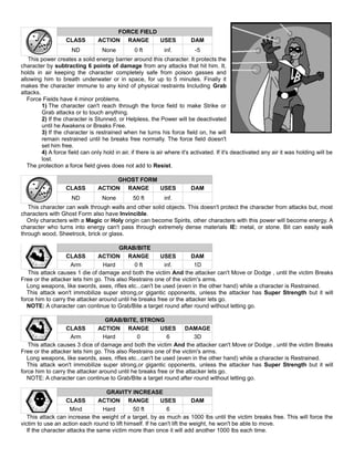FORCE FIELD
CLASS ACTION RANGE USES DAM
ND None 0 ft inf. -5
This power creates a solid energy barrier around this character. It protects the
character by subtracting 6 points of damage from any attacks that hit him. It,
holds in air keeping the character completely safe from poison gasses and
allowing him to breath underwater or in space, for up to 5 minutes. Finally it
makes the character immune to any kind of physical restraints Including Grab
attacks.
Force Fields have 4 minor problems.
1) The character can't reach through the force field to make Strike or
Grab attacks or to touch anything.
2) If the character is Stunned, or Helpless, the Power will be deactivated
until he Awakens or Breaks Free.
3) If the character is restrained when he turns his force field on, he will
remain restrained until he breaks free normally. The force field doesn't
set him free.
4) A force field can only hold in air, if there is air where it's activated. If it's deactivated any air it was holding will be
lost.
The protection a force field gives does not add to Resist.
GHOST FORM
CLASS ACTION RANGE USES DAM
ND None 50 ft inf.
This character can walk through walls and other solid objects. This doesn't protect the character from attacks but, most
characters with Ghost Form also have Invincible.
Only characters with a Magic or Holy origin can become Spirits, other characters with this power will become energy. A
character who turns into energy can't pass through extremely dense materials IE: metal, or stone. Bit can easily walk
through wood, Sheetrock, brick or glass.
GRAB/BITE
CLASS ACTION RANGE USES DAM
Arm Hard 0 ft inf. 1D
This attack causes 1 die of damage and both the victim And the attacker can't Move or Dodge , until the victim Breaks
Free or the attacker lets him go. This also Restrains one of the victim's arms.
Long weapons, like swords, axes, rifles etc...can't be used (even in the other hand) while a character is Restrained.
This attack won't immobilize super strong,or gigantic opponents, unless the attacker has Super Strength but it will
force him to carry the attacker around until he breaks free or the attacker lets go.
NOTE: A character can continue to Grab/Bite a target round after round without letting go.
GRAB/BITE, STRONG
CLASS ACTION RANGE USES DAMAGE
Arm Hard 0 6 3D
This attack causes 3 dice of damage and both the victim And the attacker can't Move or Dodge , until the victim Breaks
Free or the attacker lets him go. This also Restrains one of the victim's arms.
Long weapons, like swords, axes, rifles etc...can't be used (even in the other hand) while a character is Restrained.
This attack won't immobilize super strong,or gigantic opponents, unless the attacker has Super Strength but it will
force him to carry the attacker around until he breaks free or the attacker lets go.
NOTE: A character can continue to Grab/Bite a target round after round without letting go.
GRAVITY INCREASE
CLASS ACTION RANGE USES DAM
Mind Hard 50 ft 6
This attack can increase the weight of a target, by as much as 1000 lbs until the victim breaks free. This will force the
victim to use an action each round to lift himself. If he can't lift the weight, he won't be able to move.
If the character attacks the same victim more than once it will add another 1000 lbs each time.
 