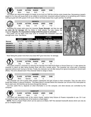 GRAVITY REDUCTION
CLASS ACTION RANGE USES DAM
Mind Hard 50 ft 6
This attack can reduce the weight of a target, by as much as 1000 lbs until the victim breaks free. Decreasing a target's
weight to 0 or less will cause them to be unable to control their movement without holding on to something and if there's
nothing to grab he'll drift upward 10 ft/ round. When he finally breaks free or get's set free, he will fall.
GROWTH
CLASS ACTION RANGE USES DAM
ND Easy 0 ft inf. +1D
Activating this power adds gives the character Super Strength, and lets him roll
an extra die for damage with his Strike or Grab attacks, but also makes the
character Gigantic. It's impossible to dodge while this power is activated.
This power can be taken more than once to increase the character's size and
strength even more. See Below.
LIFTING
HEIGHT WEIGHT No Action Easy Action Hard Action
Normal Up to 7 ft Up to 300 lbs 2 20 200
GROWTH 12 ft 1 ton 20 200 1 ton
GROWTH x2 25 ft 10 tons 200 1 ton 10 tons
GROWTH x3 50 ft 100 tons 1 ton 10 tons 100 tons
GROWTH x4 100 ft 1000 tons 10 tons 100 tons 1,000 tons
GROWTH x5 200 ft 10,000 tons 100 tons 1,000 tons 10,000 tons
Note:Taking this power more than once does NOT give more dice for damage.
GYMNASTICS
CLASS ACTION RANGE USES DAM
Leg None 0 ft inf. -5
This power protects a character by reducing the damage from falls Knock Back or Knock Down by 5. It also allows the
character to stand up after being knocked down with just a simple action. The character can move past a Guarding
opponent without even having to roll dice. Finally, the character can roll after being hit to ignore knockdown or Knock back
effects. This roll is allowed even if the character failed to dodge or block.
HACKER
CLASS ACTION RANGE USES DAM
Mind Special 0 ft 6
This character can roll to guess other people’s passwords and gain access to their computers. They can also roll to
locate files hidden in obscure locations. This takes about 5 minutes before the character can roll and if he's interrupted he
has to start over. Oh! And this can be done through the internet.
Just how useful this is, depends on what information is on the computer, and what devices are controlled by the
computer.
HANDCUFF
CLASS ACTION RANGE USES DAM
Mind Hard 0 ft 6
This attack will immobilize both of the victim's hands, making many Actions & Powers impossible to use. Or it can
immobilize a target by binding one of his hands to a fixed object.
NOTE: This is a Super Power which can be used as an Attack, NOT the standard handcuffs device which can only be
put on a helpless target.
 