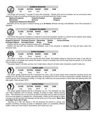 SUMMON MONSTER
CLASS ACTION RANGE USES DAM
ND Hard 50 ft 1
This Power will summon 1 monster to serve this character. Decide what kind of monsters can be summoned when
taking this Power and anything of that type can be summoned when the Power is used.
Mythical Creatures Powerful Undead Dinosaurs
Elementals Demons Dragons
Gargantuan Radioactive Monsters
Monsters can be any type of creature having up to 36 Hearts. Monster will stay until defeated, even if this character is
defeated.
SUMMON SOLDIERS
CLASS ACTION RANGE USES DAM
ND Easy 50 ft 3
This Power will summon 5 soldiers or creatures to serve this character. Decide on a theme for the soldiers when taking
this Power and anything that fits the theme can be summoned when the Power is used.
Angels Or Demons Animated Pictures Elementals Robots Vicious Animals
Animated Objects Animated Plants Ninjas Thugs
Soldiers can be any type of creature having up to 18 Hearts.
Soldiers will stay with this character until defeated, even if this character is defeated, but they will leave when this
character rests.
SUPER HEARING
CLASS ACTION RANGE USES DAM
Eye None Special inf.
This allows a character to hear tiny sounds like heart beats, and people calling for help from far away. It can also be
used to listen in on people from across the street or across a crowded room and to hear what the person is on the other
end of a phone is saying.
This power doesn't normally use dice, but it might allow a Search roll when other characters couldn't make one.
SUPER JUMP
CLASS ACTION RANGE USES DAM
Leg Easy 100 ft inf.
This power greatly extends how far a character can jump. Lots of comic books show characters traveling across the
rooftops of a city while the narrator describes them as jumping 30 to 50 ft, but this is obviously a mistake, because you
couldn’t get far at all, traveling by rooftop, in a large city, unless you can jump across a 5 lane road, with parking lanes and
side walks. That’s at least 100 ft.
SUPER SPEED
CLASS ACTION RANGE USES DAM
Leg Easy 200 ft inf.
This power greatly extends how far a character can run. The character can skip
over many obstacles such as fences, vehicles, & bodies of water, without slowing
down. The character can run as much as 200 ft over water and up walls so long as
he runs at top speed in a straight line. Unfortunately, if that's not far enough to make
it across or to the top then the character will fall at the end of the round. (Don't Run
Up A Wall That's 201 Ft Tall.)
Running up a cliff, will require a die roll because the ground is uneven and
possibly crumbling. Running up trees or telephone poles is a completely different
matter, unless you have Cling or Gymnastics. Don't push your luck.
 
