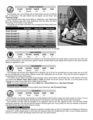 SUPER STRENGTH
CLASS ACTION RANGE USES DAM
ND Special 0 ft inf.
This character can up to 200 lbs with an Easy Action and up to 2,000 lbs
with a Hard Action. This also effects how far objects can be thrown See
Throwing Things.
Super Strength works with normal lifting or Telekinesis. (see Telekinesis)
But if the character does NOT have Telekinesis, then this adds one die to
the damage of his Strike or Grab attacks.
This power can be taken more than once increasing the lifting ability even
more (See Below).
No Action Easy Action Hard Action
Super Strength 20 200 1 ton
Super Strength X2 200 1 ton 10 tons
Super Strength X3 1 ton 10 tons 100 tons
Super Strength X4 10 tons 100 tons 1,000 tons
Super Strength X5 100 tons 1,000 tons 10,000 tons
Super Strength X6 1,000 tons 10,000 tons 100,000 tons
Super Strength X7 10,000 tons 100,000 tons 1,000,000 tons
Note:Taking this power more than once does NOT give more dice for damage.
TAKE POWERS
CLASS ACTION RANGE USES DAM
Mind Hard 0 inf. 0
This power is similar to absorption but instead of just mimicking powers this attack takes a power from the victim and
gives it to the attacker. This only works against mutants. Powers taken by this attack will not return to the victim until the
attacker is defeated or rests.
TELEKINESIS
CLASS ACTION RANGE USES DAM
Mind Special 100 ft inf.
This character can lift and move objects from a distance. Up to 20 lbs can be lifted with an easy action and up to 200
lbs can be lifted with a hard action. Objects moved with Telekinesis are not thrown. They can't be used as weapons or
moved beyond the range of this power.
This Power can be used to do subtle things like open doors, push buttons, set off traps from a safe distance and even
use powers like Disarm Traps, Open Locks or Thief, but these are all arm actions, and this is a mind power so the
character can never roll an extra die no matter what his Class.
NOTE: To create a telekinetic attack, take a Blast with a Knock Back Bonus. See Super Strength
SPECIAL BONUS: THROW
This Bonus allows a character to throw objects using Telekinesis, See Throwing Things
TELEPATHY
CLASS ACTION RANGE USES DAM
ND None 1 Mile inf.
This character can silently communicate at a long distance with his team mates and other people he knows. He can
also link a group of people together allowing anyone in the group to communicate with anyone else in the group.
The character can also read the thoughts of an opponent, that he can see, against his will. This will have limited
usefulness, because it will only tell what the target is thinking right now. It can’t probe his mind for answers to questions.
(see Mind Probe). But it can tell if someone is lying.
SPECIAL BONUS: WARNING
This Bonus allows a character to instantly be alerted to hostile intent so that it's impossible for attackers or thieves to
surprise him. Unlike danger sense, it wont warn the character when he's threatened by a trap, or by a mindless opponent
such as a zombie or robot. But Danger sense won't warn you about thieves.
 