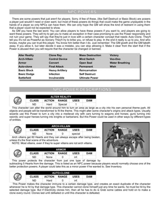 NPC POWERS
There are some powers that just aren't for players. Sorry. A few of these, (like Self Destruct or Basic Block) are powers
a player just wouldn’t need or even want, but most of these powers do things that could make the game unplayable in the
hands of a player so only NPCs can have them. We can only hope the GM will show the kind of restraint in using them
that a player could not be expected to show.
As GM you have the last word. You can allow players to have these powers if you want to, and players are going to
want these powers. They will try to get you to make an exception in their case promising to use the Power responsibly and
not ruin your game. They will say that they're just in love with a certain character concept that needs Auto Clone. They'll
tell you it's not as Powerful as Sorcery They'll try to bribe you, or refuse to play. In the end it really is up to you. And who
knows, maybe you can trust this player. You know him better than I do. Just remember: The GM giveth and the GM taketh
away. If you allow it, but later decide it was a mistake, you can stop allowing it. Make it clear from the start that if the
Power is abused then you will require that the character be changed or banned.
Alter Reality Clone Ray Mass Destruction Victory
Arch-Villain Control Device Mind Switch Voo-Doo
Armor Convert Open Seal Water Breathing
Auto-clone Final Attack Permanent Wish
Basic Block Heavy Artillery Reincarnation
Basic Dodge Infection Self Destruct
Battlefield Invulnerable Ultimate Power
NPC POWER DESCRIPTIONS
ALTER REALITY
CLASS ACTION RANGE USES DAM
ND Hard Special 1
This character can alter the world around him to turn an area as large as a city into his own personal theme park. All
objects and people will be transformed to fit the theme. This might alter some character's origins and attack types. Usually
wizards use this Power to turn a city into a medieval city with cars turning to wagons and horses; guns turning into
swords; and super heroes turning into knights or barbarians. But this Power could be used in other ways by different types
of entities.
ARCH-VILLAIN
CLASS ACTION RANGE USES DAM
ND None 0 special
Arch villains get 60 Hearts and they can always escape after being beaten,
unless it’s the final scene of the adventure.
NOTE: Most villains, even if they’re super villains are not arch villains.
ARMOR
CLASS ACTION RANGE USES DAM
ND None 0 inf.
This power protects the character from just one type of damage by
subtracting 5 Hearts from the damage. This is listed as an NPC power because players would normally choose one of the
better protection powers. A player could take this as a minor power if he wanted to. See Inventory
AUTO-CLONE
CLASS ACTION RANGE USES DAM
ND Hard 0 inf.
This Power makes the character immune to a certain damage type, and creates an exact duplicate of the character
whenever he is hit by that damage type. This character cannot clone himself just any time he wants, he must be hit by the
selected damage type. But if Electricity clones him, then all he has to do is Grab some cables and hold on to make a
clone every round. Clones last until defeated or until this character is defeated.
 