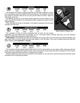 VOO-DOO
CLASS ACTION RANGE USES DAM
Mind Hard inf. Special 2D
This character can create a magical object that can be used to attack his victims
from any distance, even if he doesn't know where they are. The character can have
any number of Voo-Doo dolls but he can only use this Power to make 1 attack on
each target, every day.
The attacker can use any of his attack powers against his victims, (Rage is a fun
one to use with this Power) or he can just jab it with a needle and cause 2 dice of
magical damage.
If the victim gets his hands on the object, or the object is destroyed, then the spell
is broken until next time.
WATER BREATHING
CLASS ACTION RANGE USES DAM
Leg Easy 50 ft inf.
This character is more at home underwater than on land. He can breath
underwater, and swim faster than most people can run. This power doesn't normally need dice, but if the character
attempts a difficult swimming feat he might need to roll.
Unfortunately: The character can't stay out of the water for too long. After an hour he will dry out become helpless, and
after a few hours he will die. Death will come even faster in a hot dry place. This is why no player would ever want this
power. Players prefer Amphibian or Aquatic.
WISH
CLASS ACTION RANGE USES DAM
ND Hard Special 3
This character can give people anything they wish for, but he cannot grant his own wishes. Often characters with this
Power are free to interpret the wishes to some extent and just how much license they take will depend on their nature.
Don't bother taking wishes from demons. It always turns out badly.
Wishes usually have rules, like you can't wish for more wishes, or you can't kill or resurrect anyone but that also varies
according to who is granting the wishes.
Steel Head's Paladin toy
 