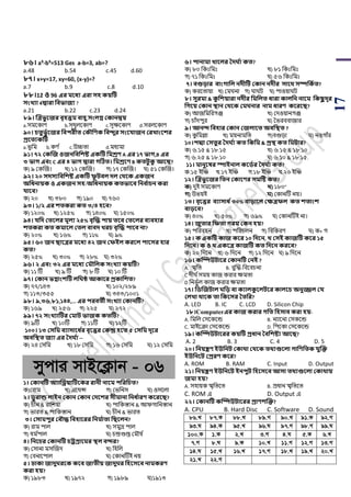 17
৮৬। a³-b³=513 Ges a-b=3, ab=?
a.48 b.54 c.45 d.60
৮৭। x+y=17, xy=60, (x-y)=?
a.7 b.9 c.8 d.10
৮৮।12 ও 96 এর মবধয এরা িি কয়টি
িংখ্যা 4দ্বারা সবভাজয ?
a.21 b.22 c.23 d.24
৮৯। জত্রভু বজর বৃিত্তম বািু িংলি ককানদ্বয়
a.সময়কার্ b.সরথূলয়কার্ c.সূেয়কার্ d.সরলয়কার্
৯০। চতুভু থবজর সবিরীত ককৌসণক সবদুর িংবযাজন করখ্াংবশর
প্রবতযকটি
a.িূপম b.কর্ ড c.উচ্চিা d.মধযমা
৯১। ৭২ ককজজ ওজনসবসশষ্ট একটি সমশ্রণ A এর ১৭ ভাে,B এর
৩ ভাে এবং C এর ৪ ভাে দ্বারা েটিত। সমশ্রবণ B কতিু কু আবি?
ক) ৯ শকঝজ। খ) ১২ শকঝজ। গ) ১৭ শকঝজ। ঘ) ৫১ শকঝজ।
৯২। ২০ িেিযসবসশষ্ট একটি ফু িবল েল কর্বক একজন
অসধনায়ক ও একজন িি-অসধনায়ক কতভাবব সনব থাচন করা
যাবব?
ক) ২০ খ) ৩৮০ গ) ১৯০ ঘ) ৭৬০
৯৩। ১/২ এর শতকরা কত ৩/৪ িবব?
ক) ১২০% খ) ১২৫% গ) ১৪০% ঘ) ১৫০%
৯৪। যসে কতবলর মূলয ২৫% বৃজে িায় তবব কতবলর বযবিার
শতকরা কত কমাবল কতল বাবে খ্রচ বৃজে িাবব না?
ক) ২০% খ) ১৬% গ) ১১% ঘ) ৯%
৯৫। ৬০ জন িাবত্রর মবধয ৪২ জন কফইল করবল িাবির িার
কত?
ক) ২৫% খ) ৩০% গ) ২৮% ঘ) ৩২%
৯৬। ২ এবং ৩২ এর মবধয কমৌসলক িংখ্যা কয়টি?
ক) ১১ টি খ) ৯ টি গ) ৮ টি ঘ) ১০ টি
৯৭। ককান ভিাংশটি লস ি আকাবর প্রকাসশত?
ক) ৭৭/১৪৩ খ) ১০২/২৮৯
গ) ১১৩/৩৫৫ ঘ) ৩৪৩/১০০১
৯৮। ৯,৩৬,৮১,১৪৪,... এর িরবতী িংখ্যা ককানটি?
ক) ১৬৯ খ) ২৫৬ গ) ২২৫ ঘ) ২৭২
৯৯। ৭২ িংখ্যাটির কমাি ভাজক কতটি?
ক) ৯টি খ) ১০টি গ) ১১টি ঘ) ১২টি
১০০। ১৩ কিসম বযািাবধ থর বৃবত্তর ককন্দ্র িবত ৫ কিসম েূবর
অবসস্থত জযা এর তে থয --
ক) ২৪ শসপম খ) ১৮ শসপম গ) ১৬ শসপম ঘ) ১২ শসপম
mycvi mvB‡K¬vb - 06
১। ককানটি অযাজিয়াটিবকর রানী নাবম িসরসচত?
ক)শরাম খ) এয়থন্স গ) শিপনস ঘ) ওসয়লা
২। িুরান্ড লাইন ককান ককান কেবশর িীমানা সনধ থারণ কবরবি?
ক) র্ীন & রাপেয়া খ) িাপকস্তান & আিগাপনস্তান
গ) িারি & িাপকস্তান ঘ) র্ীন & িারি
৩। কিামিুর কবৌে সবিাবরর সনম থাতা সিবলন?
ক) রাম িাল খ) সমুদ্র িাল
গ) ধম ডিাল ঘ) র্ন্দ্রগুপ্ত শমৌয ড
৪। সনবচর ককানটি চটগ্রাবমর স্থল বদর?
ক) শসানা মসঝজদ খ) পহপল
গ) শবনায়িাল ঘ) শকানটিই নয়
৫। ঢাকা জােু রবক কবব জাতীয় জােু র সিবিবব নামকরণ
করা িয়?
ক) ১৯৮৩ খ) ১৯৭২ গ) ১৯৮৯ ঘ)১৯১৩
৬। িানামা খ্াবলর তে থয কত?
ক) ৮০ পকোঃপমোঃ খ) ৮১ পকোঃপমোঃ
গ) ৭১ পকোঃপমোঃ ঘ) ৫৬ পকোঃপমোঃ
৭। বগুড়ার বাংোসল নেীটি ককান নেীর িাবর্ িিসকথত?
ক) করয়িায়া খ) শমঘনা গ) ঘাঘি ঘ) িাওয়াঘি
৮। িুরমা & কু সশয়ারা নেীর সমসলত ধারা কালসন নাবম সকিু েূর
সেবয় ককান স্থান কর্বক কম নার নাম ধারণ কবরবি?
ক) আজপমপরগঞ্জ খ) শদওয়ানগঞ্জ
গ) র্ােঁদিুর ঘ) সিরববাজার
৯। আনদ সবিার ককান কজলাবত অবসস্থত ?
ক) কু পমল্লা খ) ময়নামপি গ)বগুড়া ঘ) নওগােঁর
১০।িদ্মা কিতুর তে থয কত সকসম & প্রস্থ কত সমিার?
ক) ৬.১৫ & ১৮.১৫ খ) ৬.১৫ & ১৮.১০
গ) ৬.২৫ & ১৮.১০ ঘ) ৬.১০ & ১৮.১৫.
১১। মানুবষর স্পাইনাল কবিথর তে থয কত?
ক.১৫ ইঝঞ্চ খ.১৭ ইঝঞ্চ গ.১৮ ইঝঞ্চ ঘ.২০ ইঝঞ্চ
১২। জত্রভু বজর সতন ককাবণর িমটষ্ট কত?
ক) দুই সময়কার্ খ্) ১৮০°
ে) উিয়ই ) শকানটি নয়।
১৩। বৃবত্তর বযািাধ থ৩০% বাড়াবল কক্ষত্রফল কত শতাংশ
বাড়বব?
ক) ৪০% খ) ৫০% গ) ৬৯% ঘ) শকানটিই না।
১৪। জুতার সফতা েরম ককন িয়?
ক) িপরবহন খ) িপরর্লন গ) পবপকরর্ ঘ) ক+ গ
১৫। ক একটি কাজ কবর ১০ সেবন, খ্ কিই কাজটি কবর ১৫
সেবন। ক ও খ্ একবত্র কাজটি কত সেবন করবব?
ক) ২০ পদয়ন খ) ৬ পদয়ন গ) ১২ পদয়ন ঘ) ৯ পদয়ন
১৬। কম্পিউিাবর ককানটি কনই ?
A. স্মৃপি B. বুঝদ্ধ-পবয়বর্না
C দীঘ ডসময় কাজ করার েমিা
D পনিু ডল কাজ করার েমিা
১৭। সিজজিাল সড় বা কযালকু বলিবর কালবচ অনুজ্জল কয
কলখ্া র্াবক তা সকবির ততসর?
A. LED B. IC C. LCD D. Silicon Chip
১৮।Computerএর কাজ করার েসত সিিাব করা িয়-
A. পমপল শসয়কয়ন্ড B. নযায়না শসকয়ন্ড
C. মাইয়ক্রা শসয়কয়ন্ড D. পিয়কা শসয়কয়ন্ড
১৯। কম্পিউিাবরর কয়টি প্রধান তবসশষ্টয আবি?
A. 2 B. 3 C. 4 D. 5
২০। সনয়েণ ইউসনি ককার্া কর্বক তর্যগুবলা োসণসতক যুজক্ত
ইউসনবি কপ্ররণ কবর?
A. ROM B. RAM C. Input D. Output
২১। সনয়েণ ইউসনবি ইনিুি সিবিবব আিা তর্যগুবলা ককার্ায়
জমা িয়?
A. সহায়ক স্মৃপিয়ি B. িধান স্মৃপিয়ি
C. ROM এ D. Output এ
২২। ককানটি কম্পিউিাবরর প্রাণশজক্ত?
A. CPU B. Hard Disc C. Software D. Sound
86.L 87.K 88.L 89.M 90.L 91.K 92.M
93.N 94.K 95.L 96.N 97.M 98.M 99.N
100.K 1.K 2.L 3.M 4.N 5.K 6.L
7.M 8.N 9.K 10.L 11.M 12.M 13.M
14.N 15.L 16.L 17.M 18.L 19.L 20.L
21.L 22.M
 