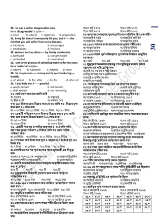 30
30. He was a rather disagreeable man.
Here 'disagreeable' is a/an----
a. noun b. adverb c. Adjective d. preposition
31. Being fat doesn't necessarily kill you, but it----- the
risk that you will suffer from nasty diseases.
a. increases b. encourages
c. emphasizes d. involves
32. Women are too often----- by family constraints.
a. confused b. contaminated
c. controlled d. constrained
33. I am in the process of collecting material for my story.
Here 'material' is a/an -
a. adverb b. Adjective c. Adverb d. noun
34. He has passion----- money and is ever hankering----
wealth.
a. of; about b. for; after c. to; for d. after; of
35. If you help me, I------ greatful.
a. would remain b. will remain
c. shall remain d. am remaining
৩৬। ধম থমঙ্গল কাববযর আসে কসব -
ক) ঘনরাম খ) ময়ূরিট্ট
গ) দ্বীজ বাংেী ঘ) নারায়র্ শদব
৩৭। ১৯০ িাকায় দ্রবয সবেয় করাবত ৫% ক্ষসত িয়। সবেয়মূলয
কত িবল ৫% লাভ িত?
ক) ২০৫ িাকা খ) ২১৫ িাকা গ) ২১০ িাকা ঘ) ২২০ িাকা
৩৮। একটি িাইবকল ৭২০০ িাকায় সবেয় করায় ১০% ক্ষসত
িয়। কত িাকায় সবেয় করবল ১২% লাভ িবব?
ক) ৬৫০০ িাকা খ) ৭০০০ িাকা
গ) ৮৯৬০ িাকা ঘ) ৮০০০ িাকা
৩৯। একটি িাত্র েুধ ও িাসনর অনৃিাত ৫ঃঃ২। যসে িাসন
অবিক্ষা েুবধর িরুমাণ ৬ সলিার কবসশ িয় তবব িাসনর
িসরমাণ কত?
ক) ১৪ পলিার খ) ৪ পলিার গ) ১২ পলিার ঘ) ১৬ পলিার
৪০। শতকরা কত িাকা িার িুবে ৫ বিবর ৪০০ িাকার িুে ১৪০
িাকা িয়?
ক) ৭ িাকা খ) ৬ িাকা গ) ৫ িাকা ঘ) ১২ িাকা
৪১.কেশসবভাবের ির িূব থবাংলার প্রর্ম মূখ্যমেী কক সনযুক্ত
িন?
ক)শের-এ-বাাংলা এ. শক. িজলুল হক খ)খাজা নাঝজমুঝিন
গ)শহায়সন েহীদ শসাহরাওয়াদী ঘ)নুরুল আপমন
৪২.কয়টি রাজননসতক েবলর িমন্ববয় অস্থায়ী িরকার েিন
করা িবয়সিল?
ক)৩ টি খ)৪ টি গ)৫ টি ঘ)৬ টি
৪৩.যুক্তফ্রবির সনব থাচনী প্রচারণা কত েফার সভসত্তবত
িসরচাসলত িয়?
ক)১১ দিা খ)২১ দিা গ)৬ দিা গ)১৬ দিা
৪৪.১৯৪৯-১৯৫১ িময়কাবল কত তাসরবখ্ 'ভাষা সেবি' িালন
করা িত?
ক)৩০ জানুয়াপর খ)২১ শিবররুয়াপর গ)২১ এপিল ঘ)১১ মার্ড
৪৫.'তমুজেন মজসলি' কবব েটিত িয়?
ক)২ রা শসয়প্টম্বর ১৯৪৭ খ)২ রা শসয়প্টম্বর ১৯৪৮
গ)২ রা অয়টাবর ১৯৪৭ ঘ)২ রা অয়টাবর ১৯৪৮
৪৬.মধযপ্রাবচযর ককান কেবশ প্রর্ম শিীে সমনার সনম থাণ করা
িয়?
ক) কািার খ) ওমান গ) কু য়য়ি ঘ) বাহরাইন
৪৭.আন্তজথাসতক মাতৃভাষা ইনসেটিউি কবব উবদ্বাধন করা
িয়?
ক)১৫ মার্ড ২০০১ খ)২৬ মার্ড ২০০১
গ)১৫ মার্ড ২০০২ ঘ)২৬ মার্ড ২০০২
৪৮.ভাষা আবদালবনর মুখ্িাত্র সিবিবব িসরসচত সিল ককানটি?
ক)সাপ্তাপহক দুব ডার খ)সাপ্তাপহক অপনব ডার্
গ)সাপ্তাপহক সসপনক ঘ)সাপ্তাপহক দুজডয়
৪৯.১৯৫২ িাবলর ভাষা আবদালবনর প্রর্ম শিীে কক?
ক) আবুল বরকি খ) রপিক উঝিন
গ) আব্দুস সালাম ঘ) েপিউর রহমান
৫০.১৯৫৪ িাবল িূব থিাসকস্তাবন প্রাবেসশক সনব থাচন অনুটিত
িয় কবব?
ক)৭ মার্ড খ)৮ মার্ড গ)১০ মার্ড ঘ)১৭ মার্ড
৫১.যুক্তফ্রি িরকাবর বঙ্গবন্ধু কশখ্ মুজজবুর রিমান ককান
মেণালবয়র োসয়বত্ব সিবলন?
ক)কৃ পে,বন,সমবায় ও িল্লী উেয়ন
খ)পেল্প,বাপর্জয,শ্রম ও দুনীপিদমন
গ)স্বরাষ্ট্র ও স্থানীয় সরকার
ঘ)আইন ও িররাষ্ট্র
৫২.'িাসকস্তান শািনতে সবল' কক উত্থািন কবরন?
ক)খাজা নাঝজমুঝিন খ)আই আই র্ন্ড্রীগড়
গ)পলয়াকি আলী ঘ)নুরুল আপমন
৫৩.কােমাসর িবেলন কবব ও ককার্ায় অনুটিত িয়?
ক) সয়ন্তাে,১৯৫৭ খ) পসরাজগঞ্জ, ১৯৫৭
গ) সয়ন্তাে, ১৯৫৮ ঘ) পসরাজগঞ্জ, ১৯৫৮
৫৪.বাংলাবেবশর ইসতিাবি কয িনাটি আবে বিসিল?
ক)যুক্তফ্রট গঠন খ)িাো আয়ন্দালন
গ)িমুঝিন মজপলস গঠন ঘ)োসনিন্ত্র আয়ন্দালন
৫৫.কপ্রসিবিি আইয়ুব খ্ান িামসরক শািন প্রতযািার কবরন
কবব?
ক)৭ অয়টাবর, ১৯৫৮ খ)২৩ মার্ড, ১৯৫৯
গ)২৬ অয়টাবর, ১৯৫৭ ঘ)২৩ মার্ড,১৯৬০
৫৬.কােমাসর িবেলবনর প্রধান এবজন্ডা সক সিল?
ক)কৃ েক অপধকার ঘ)কৃ পেয়ি িিু ডপক িদান
খ)িূব ডিাপকস্তায়নর স্বায়ত্তোসন ও সবয়দপেক নীপি গ)রাষ্ট্রিাো
৫৭.আেরতলা ষড়যে মামলায় বঙ্গবন্ধু িাড়া কতজবনর
সবরুবে রাষ্ট্রবদ্রাসিতার অসভবযাে আনা িয়?
ক)৩৪ জন খ)৩৫ জন গ)৪৪ জন ঘ)৪৫ জন
৫৮.িয় েফা ককান তাসরবখ্ আওয়ামীলীবের কাউজন্সল
অসধববশবন েৃিীত িয়?
ক)৫ শিবররুয়াপর,১৯৬৬ খ)২৩ মার্ড,১৯৬৯
গ)১৮ মার্ড,১৯৬৬ ঘ)২৬ মার্ড,১৯৬৮
৫৯.শিীে আিাবের বাসড় ককান কজলায়?
ক)নরপসাংদী খ)নারায়র্গঞ্জ গ)মুঝন্সগঞ্জ ঘ)মাপনকগঞ্জ
৬০.৬৯ এর েণ অভু যত্থাবন প্রর্ম শিীে বুজেজীবী কক সিবলন?
ক)আলিাি মাহমুদ খ)েহীদুল্লাহ কায়সার
গ)মুনীর শর্ৌধুরী ঘ)র্. োমসুয়জ্জাহা
৬১.বঙ্গবন্ধু এসভসনউ এর িূব থনাম সক সিল?
ক) আইয়ুব এপিপনউ খ) ঝজোহ এপিপনউ
গ) িু য়ট্টা এপিপনউ ঘ) শকানটিই নয়
৬২.আইয়ুব খ্ান িেতযাে কবরন কবব?
ক)২৫ জানুয়াপর, ১৯৬৯ খ)২৫ শিবররুয়াপর, ১৯৬৯
গ)২৫ মার্ড,১৯৬৯ ঘ)২৫ এপিল,১৯৬৯
31.N 32.N 33.N 34.L 35.M 36.L 37.M
38.M 39.L 40.K 41.K 42.M 43.L 44.N
45.K 46.L 47.K 48.M 49.L 50.M 51.K
52.L 53.K 54.M 55.N 56.L 57.K 58.M
59.K 60.N 61.L 62.L
 