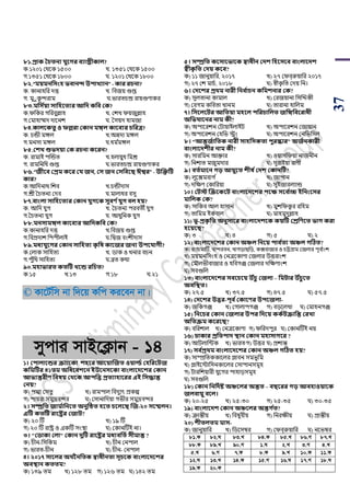 37
৮১.প্রাক তচতনয যুবের বযাপ্তীকাল?
ক.১২০১ শথয়ক ১৫০০ খ. ১৩৫১ শথয়ক ১৫০০
গ.১৩৫১ শথয়ক ১৮০০ ঘ. ১২০১ শথয়ক ১৮০০
৮২.“ময়মনসিংি ভবানদ উিাখ্যান” - কার রচনা?
ক. কানাহপর দত্ত খ. পবজয় গুপ্ত
গ. মুঃুকু ন্দরাম ঘ.িারির্ন্দ্র রায়গুর্াকর
৮৩.মসি থয়া িাসিবতযর আসে কসব কক?
ক.িপকর গপরবুল্লাহ খ. শেখ িয়জুল্লাহ
গ.শমাহাম্মদ দায়নে ঘ. সসয়দ হামজা
৮৪.কালবকতু ও ফল্লরা ককান মঙ্গল কাববযর চসরত্র?
ক. র্ন্ডী মঙ্গল খ.অেদা মঙ্গল
গ.মনসা মঙ্গল ঘ.ধম ডমঙ্গল
৮৫.কশখ্ শুভেয়া কক রচনা কবরন?
ক. রামাই িঝন্ডি খ.হলায়ুধ পমশ্র
গ. রামপনপধ গুপ্ত ঘ.িারির্ন্দ্র রায়গুর্াকর
৮৬.“জীবব কপ্রম কবর কয জন, কি জন কিসববি ঈশ্বর” - উজক্তটি
কার?
ক.আপদনাথ পেব খ.র্ন্ডীদাস
গ.শ্রী সর্িনয শদব ঘ.মালাধর বসু
৮৭.বাংলা িাসিবতযর ককান যুেবক িুবণ থযুে বল িয়?
ক. আপদ যুগ খ. সর্িনয িরবিী যুগ
গ.সর্িনয যুগ ঘ. আধুপনক যুগ
৮৮.মনিামঙ্গল কাববযর আসেকসব কক?
ক.কানাহপর দত্ত খ.পবজয় গুপ্ত
গ.পবিদাে পিিীলাই ঘ.পদ্বজ বাংেীদাস
৮৯.মধযযুবের ককান িাসিতয কৃ সষ কাবজর জনয উিবযােী?
ক.শলাক সাপহিয খ. র্াক ও খনার বর্ন
গ.িুেঁপথ সাপহিয ঘ.ব্রি কথা
৯০.মিাভারত কতটি খ্বন্ড রসচত?
ক.১৫ খ.১৩ গ.১৮ ঘ.২১
© Kv‡U©wm bv w`‡q Kwc Ki‡eb bv|
mycvi mvB‡K¬vb - 14
১। কিালাবন্ডর েযাবকা শিবর আবয়াজজত ওয়ার্ল্থ কিসরবিজ
কসমটির ৪১তম অসধববশবন ইউবনিবকা বাংলাবেবশর ককান
আভযন্তরীণ সবষয় কর্বক আিসত্ত প্রতযািাবরর এই সিোন্ত
কনয়?
ক) িদ্মা শসিু খ) রামিাল পবদুযৎ িকল্প
গ) িায়রা সমুদ্রবন্দর ঘ) শসানাপদয়া গিীর সমুদ্রবন্দর
২। িম্প্রসত জাম থাসনবত অনুটিত িবত চবলবি জজ-২০ িবেলন।
এটি কতটি রাবষ্ট্রর কজাি?
ক) ২০ টি খ) ১৯ টি
গ) ২০ টি রাষ্ট্র ও একটি সাংস্থা ঘ) শকানটিই না।
৩। "কিাকা কলা" ককান েুটি রাবষ্ট্রর মধযবসতথ িীমান্ত ?
ক) র্ীন-পসপকম খ) র্ীন শনিাল
গ) িারি-র্ীন ঘ) র্ীন- শনিাল
৪। ২০১৭ িাবলর অর্ থননসতক স্বাধীনতা িূচবক বাংলাবেবশর
অবস্থান কততম?
ক) ১৩৯ িম খ) ১২৮ িম গ) ১২৬ িম ঘ) ১৪২ িম
৫। িম্প্রসত কবিাবভাবক স্বাধীন কেশ সিবিবব বাংলাবেশ
স্বীকৃ সত কেয় কবব?
ক) ১১ জানুয়াপর, ২০১৭ খ) ২৭ শিবররুয়াপর ২০১৭
গ) ২৭ শে মার্ড, ২০১৮ ঘ) স্বীকৃ পি শদয় পন।
৬। কেবশর প্রর্ম নারী সনব থাচন কসমশনার কক?
ক) সুলিানা কামাল খ) শরজয়ানা পসঝিকী
গ) শবগম কপবিা খানম ঘ) িারানা হাপলম
৭। সিবলবির আসতয়া মিবল িসরচাসলত জসঙ্গসববরাধী
অসভযাবনর নাম কী?
ক) অিায়রেন শিায়াইলাইি খ) অিায়রেন শজায়ান
গ) অিায়রেন শহপি িাং ঘ) অিায়রেন শনপিপসল
৮। “আন্তজথাসতক নারী িািসিকতা িুরস্কার” অজথনকারী
বাংলাবেশীর নাম কী?
ক) সারপমন আক্তার খ) ওয়াসপিয়া নাজনীন
গ) পনোি মজুমদার ঘ) সুরাইয়া রার্ী
৯। বতথমাবন েড় আয়ুবত শীষ থকেশ ককানটি?
ক) লুয়ক্সমবাগ ড খ) জািান
গ) দপের্ শকাপরয়া ঘ) সুইজারলযান্ড
১০। কিে জেবকবি বাংলাবেবশর িবক্ষ িবব থাচ্চ ইসনংবির
মাসলক কক?
ক) সাপকব আল হাসান খ) মুেপিকু র রপহম
গ) িাপমম ইকবাল ঘ) মাহমুদুল্লাহ
১১) ভূ-প্রকৃ সত অনুিাবর বাংলাবেশবক কয়টি কশ্রসণবত ভাে করা
িবয়বি?
ক) ৩ খ) ৪ গ) ৫ ঘ) ২
১২) বাংলাবেবশর ককান অঞ্চল সনবয় িাব থতয অঞ্চল েটিত?
ক) রাঙামাটি, বান্দরবন, খাগড়া পড়, কক্সবাজার ও র্ট্টগ্রাম শজলার িূব ডাাংে
খ) ময়মনপসাংহ ও শনত্রয়কার্া শজলার উত্তরাাংে
গ) শমৌলিীবাজার ও হপবগঞ্জ শজলার দপের্াাংে
ঘ) সবগুপল
১৩) বাংলাবেবশর িববচবয় উাঁচু কজলা – সমিার উাঁচু বত
অবসস্থত।
ক) ২৭.৫ খ) ৩৭.৫ গ) ৪৭.৫ ঘ) ৫৭.৫
১৪) কেবশর উত্তর-িূব থককাবণর উিবজলা-
ক) জপকগঞ্জ খ) শগালািগঞ্জ গ) বড়য়লখা ঘ) শমাহনগঞ্জ
১৫) সনবচর ককান কজলার উির সেবয় ককথিোসন্ত করখ্া
অসতেম কবরবি?
ক) বপরোল খ) শনত্রয়কার্া গ) িপরদিুর ঘ) শকানটিই নয়
১৬) ঢাকার প্রসতিাে স্থান ককান মিািােবর ?
ক) আিলাপটক খ) িারিগ) উত্তর ঘ) িোন্ত
১৭) িব থপ্রর্ম বাংলাবেবশর ককান অঞ্চল েটিত িয়?
ক) সাম্প্রপিককায়লর প্লাবন সমিূপম
খ) প্লাইয়িাপসনকায়লর শসািানসমূহ
গ) িারপেয়ারী যুয়গর িাহাড়সমূহ
ঘ) সবগুপল
১৮) ককান সনসেথষ্ট অঞ্চবলর অন্তত – বিবরর েড় আবিাওয়াবক
জলবায়ু ববল।
ক) ২০-২৫ খ) ২৫-৩০ গ) ২৫-৩৫ ঘ) ৩০-৩৫
১৯) বাংলাবেশ ককান অঞ্চবলর অন্তে থত?
ক) ক্রান্তীয় খ) পবেুবীয় গ) পনরেীয় ঘ) িান্তীয়
২০) শীতলতম মাি-
ক) জানুয়াপর খ) পর্য়সম্বর গ) শিবররুয়াপর ঘ) নয়িম্বর
81.K 82.N 83.L 84.K 85.L 86.M 87.L
88.K 89.L 90.M 1.N 2.L 3.M 4.L
5.L 6.M 7.K 8.K 9.L 10.K 11.K
12.N 13.L 14.K 15.M 16.N 17.M 18.N
19.K 20.K
 