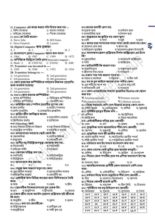 49
22. Computer এর কাজ করার েসত সিিাব করা িয় ---
A. পমপল শসয়কয়ন্ড B. নযায়না শসকয়ন্ড
C. মাইয়ক্রা শসয়কয়ন্ড D. পিয়কা শসয়কয়ন্ড
23. DOS কক ততসর কবরন?
A. Steve Jobs B. Bill Gates
C. Steve Ozanich D. Lenson
24. Digital Computer কত প্রকার?
A. 2 B. 3 C. 4 D. 5
25. বাংলাবেবশ প্রর্ম Computer আবি কত িাবল?
A. 1964 B. 1987 C. 1999 D. 1972
26. বাসণজজযক সভসত্তবত ততসর প্রর্ম Electronic Computer -
A. Mark –I B. UNIVAC C. ENIAC D. ABC
27. Transistor was invented in ----
A. 1945 B. 1948 C. 1952 D. 1954
28. Transistor belongs to ----
A. 1st generation B. 2nd generation
C. 3rd generation D. 4th generation
29. ককান প্রজবন্মর কম্পিউিাবর িব থপ্রর্ম উচ্চতর কপ্রাগ্রাসমং
ভাষা বযবহৃত িবয়বি?
A. 1st generation B. 2nd generation
C. 3rd generation D. 4th generation
30. PDP-8 ককান ধরবনর কম্পিউিার?
A. সুিার কম্পম্পউিার B. পমপনয়ফ্রম কম্পম্পউিার
C. হাইপব্রর্ কম্পম্পউিার D. শকানটিই নয়।
৩১। অসরজজন অব কস্পসিি'গ্রন্িটির প্রবণতা কক?
ক.জন র্াল্টন খ.হাব ডাি শস্পনসার
গ.র্াল ডস র্ারউইন ঘ.শবনজাপমন ফ্রাঙ্কপলন
৩২। কৃ জত্রম জীন আসবষ্কার কবরন-
ক.শবন লায়য়নয়ক খ.হরয়গাপবন্দ শখারানা
গ.ঝক্রঝিয়ান বান ডার্ ঘ.হযাপনয়মন
৩৩। Osteology অর্ থ?
ক.হাড় পবেয়ক পর্পকৎসা পবজ্ঞান খ.দন্ত পবেয়ক পর্পকৎসা
গ.শিজঝিয় সম্পপকডি ঘ.সূয ডরঝি র সাহাযয
৩৪। মানববেবির িববচবয় কিাি ককাষ সক?
ক.শশ্বিকপনকা খ.শলাপহি কপনকা
গ.স্নায়ুয়কাে ঘ.শকায়নাটি নয়
৩৫। প্রাণীর বিু সনউসক্লয়ািযুক্ত ককাষবক বলা িয়--
ক.পসয়নাসাইি খ.শিপরসাইি
গ.মাইয়ক্রা সাইি ঘ.সবগুয়লা
৩৬। ককাবষর মজস্তষ্ক বলা িয়--
ক.গলপগবপর্ খ.মাইয়িাকঝন্ড্রয়া
গ.পনউপিয়াস ঘ.সাইয়িাপ্লাজম
৩৭। জননবকাষ কয় ধরবনর?
ক.১ খ.২ গ.৩ ঘ.৪
৩৮। িবুজ ফল িাকবল িলুে িয় ককন?
ক.শিায়রাপিল থাকায় খ.জযানরয়হাপিল থাকায়
গ.লাইয়কাপিন থাকায় ঘ.শকানটিই নয়
৩৯। একাসধক কলা সবসভন্ন কাবজর জনয সমসলতভাবব ততসর
কবর-
ক.অঙ্গ খ.কলা গ.শকাে ঘ.জীব
৪০। কজবনটিক ইনফরবমশবনর মূল একক সক?
ক.লুি খ.অনুপলিন গ.টট্রিয়লি ঘ.শকার্ন
৪১।বকান জীব কর্বক অবযৌন প্রজনন প্রজেয়ায় িৃষ্ট জীববক
সক ববল?
ক.অনুজীব খ.জীন গ.শিান ঘ.িররুন
৪২। Flora বলা িয় ককানটিবক?
ক.উঝিদকূ লয়ক খ.িার্ীকু ল শক
গ.অনুজীবয়ক ঘ.িেী কূ ল শক
৪৩।ধাবনর বাোমী করাে িয়-
ক. ত্রাক দ্বারা খ.িাইরাস দ্বারা
গ.বযাকয়িপরয়া দ্বারা ঘ.সেবাল দ্বারা
৪৪। অন্ধকাবর অংকু সরত িয় ককান ফু ল?
ক.শবলী খ.গাদােঁ গ.জুই ঘ.জবা
৪৫। কলার চারা লাোবনার িময় িাতা ককবি কফলা িয় ককন?
ক.িয়স্বদন শরাধ করা খ.শ্বসন বন্ধ
গ.অপিস্রবর্ েরাপন্বি ঘ.সায়লাকসাংয়লের্ উিয়যাগী
৪৬। িাবলাকিংবেষণ প্রজেয়ায় সনে থত অজক্সবজন এর উৎি
সক?
ক.শিায়রাপিল খ.কাব ডনর্াই অঝক্সয়জন
গ.িাপন ঘ.অঝক্সয়জন
৪৭। িাইভাসি থটি সক কারবণ িয়?
ক.িজাপিয়িয়দ খ.বাস্তুসাংস্থান শিয়দ
গ.জীনগি পদক শথয়ক ঘ.সবগুয়লা
৪৮।বকান িশু শে করবত িাবর না?
ক.গন্ডার খ.কযাঙ্গারু গ.ঝজরাি ঘ.নীল গাই
৪৯। নখ্ বা চু ল কািবল আমরা বযর্া িাইনা ককন?
ক.এরা েরীয়রর অাংে নয় খ.এয়দর স্নায়ু শনই
গ.লপসকানালী শনই ঘ.সবগুয়লা
৫০। ককান এনজাইবমর িািাযয প্লাজসমি সিএনএ কক কিেন
করা িয়?
ক.Amylase enzyme খ.Protease enzyme
গ.Restriction enzyme ঘ.Cellulose enzyme
৫১। সববশ্ব িববচবয় কবসশ কতল সরজাভথ রবয়বি ককান কেবশ?
ক) শসৌপদ আরব খ) শিপনজুয়য়লা গ) রাপেয়া ঘ) যুক্তরাষ্ট্র
৫২। িৃসর্বীর বৃিত্তম িীরক খ্সন ---
ক) এপেয়ায় খ) অয়িপলয়ায়
গ) আপফ্রকায় ঘ) উত্তর আয়মপরকা
৫৩। এিাকথটিকার খ্সনজ দ্রবয ককানটি?
ক) শিল খ) স্বর্ ড গ) কয়লা ঘ) বরি
৫৪। প্রাকৃ সতক েযাি আমোসনবত শীষ থকেশ ককানটি?
ক) জািান খ) যুক্তরাষ্ট্র গ) রাপেয়া ঘ) জাম ডান
৫৫। প্রাকৃ সতক েযাি কী জাতীয় িোর্ থ?
ক) কাব ডন জািীয় িদাথ ড খ) অযাপর্হাইর্ জািীয় িদাথ ড
গ) েঝক্ত জািীয় িদাথ ড ঘ) শিয়ট্রাপলয়াম জািীয় িদাথ ড
৫৬। বতথমাবন ধান উৎিােবন বাংলাবেশ কত তম?
ক) ৪থ ড খ) ৩য় গ) ২য় ঘ) ৫ম
৫৭। ককান কেবশর কমাি ভূসমর প্রায় অবধ থক বনভূসম ?
ক) রাপেয়া খ) ইউয়রাি গ) ব্রাঝজল ঘ) বাাংলায়দে
৫৮। সনবচর ককান িণযটির প্রায় িব এসশয়া মিাবেবশ উৎিন্ন
িয়?
ক) রাবারখ) আখ ) িু লা ঘ) র্া
৫৯। আমসভবলানামক প্রাণীটি ককান মিাবেবশ কবসশ কেখ্া
যায়?
ক) এপেয়া খ) এটাকডটিকা গ) ইউয়রাি ঘ) আপফ্রকা
৬০। বতথমান সববশ্ব মৎিয রপ্তাসনবত শীষ থকেশ ককানটি ---
ক) র্ীন খ) িারিগ) পিয়য়িনাম ঘ) জািান
৬১। সনবচর ককানটি রবিি প্রাণী?
ক) ঝজরাি খ) খরয়গাে গ) নীল পিপম ঘ) পর্িাবাঘ
৬২। িৃসর্বীবত িব বড় িাইিাল বন ককানটি?
ক) আমাজন খ) সুমাত্রা গ) সুন্দরবন ঘ) সিগা
22.L 23.L 24.M 25.K 26.L 27.L 28.L
29.L 30.L 31.M 32.L 33.K 34.N 35.K
36.M 37.L 38.L 39.K 40.M 41.M 42.K
43.K 44. 45.K 46.M 47.N 48.M 49.K
50.M 51.L 52.M 53.M 54.K 55.N 56.K
57.K 58.N 59.L 60.K 61.L 62.M
 