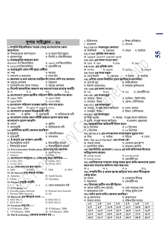 55
mycvi mvB‡K¬vb - 20
১) িম্প্রসত ইউবরসনয়াম িাওয়া কেবি বাংলাবেবশর ককান
জায়োবত?
ক. পদনাজিুয়রর মধযিাড়ায়ি খ. রাংিুয়রর পমঠািুকু য়র
গ. জামালগয়ঞ্জ ঘ. পসয়লি ও শমৌলিীবাজার
২) ববরন্দ্রভূসমর আয়তন কত?
ক.৯২৮৮ বগ ডপকয়লাপমিার খ. ২৯৮৮ বগ ডপকয়লাপমিার
গ. ৮৮৯২বগ ডপকয়লাপমিার ঘ. শকানটিই নয়
৩) ববরন্দ্রভূসম ককান নেী দ্বারা কবটষ্টত?
ক. িদ্মা খ. আত্রায়
গ. মহানন্দা ও করয়িায়া ঘ. র্লন পবল
৪) আনারি ও নানা ধরবনর িবজজর উৎিােন কবসশ িয় ককার্ায়?
ক. মধুিুর এলাকায় খ. র্ট্টগ্রায়ম
গ. ময়মনপসাংয়হর গায়রা িাহায়ড় ঘ. মধুিুর এলাকায়
৫) সিবলি অববাসিকা অঞ্চবল বড় ধরবনর িাওর রবয়বি কয়টি?
ক. ৩ খ. ৫ গ.৭ ঘ. ৯
৬) বাংলাবেবশ প্রর্ম জাতীয় িসরববশ নীসত ক াসষত িয় কবব?
ক. ১৯৯২ সায়ল গ. ১৯৭২ সায়ল
গ. ১৯৯৫সায়ল ঘ. ২০১২ সায়ল
৭) বাংলাবেশ িসরববশ িংরক্ষন আইন িাি িয় কবব?
ক. ১৯৯২ সায়ল গ. ১৯৭২ গ. ১৯৯৫ঘ. ২০১২
৮) বাংলাবেশ ও ভারত সবভক্তকারী নেী?
ক. নাি খ. কু পলখ গ. মািামুহরী ঘ. হাপড়য়ািাঙা নদী
৯) বাংলাবেশ কর্বক ককান নেীটি ভারবত প্রববশ কবর আর
বাংলাবেবশ প্রববশ কবরসন?
ক. হালদা খ. কু পলখ
গ. মািামুহরী ঘ. হাপড়য়ািাঙা নদী
১০) বাসলসশয়া ভযাসল ককার্ায় অবসস্থত?
ক.র্ট্টগ্রায়ম খ. শমৌলিীবাজায়র
গ. রাঙামাটি ঘ. বান্দরবান
11. ই-কমাি থএর িূণ থরূি ককানটি?
A. ইয়লকট্রপনক কমাস ড B. ইয়লকটট্রক কমাস ড
C. ইটারয়নি কমাস ড D. ইয়লকটট্রকযাল কমাস ড
12. First Generation Mobile phone প্রর্ম চালু িয় ককার্ায়?
A. North Korea B. South Korea
C. America D. China
13. বাংলাবেবশ িব থপ্রর্ম 3G কিবা চালু কবর কিসলিক -----
A. 12 Oct, 2012 B. 14 Oct, 2012
C. 12 Oct, 2013 D. 14 Oct, 2013
14. 4G কিবা চালু িয় কত িাবল?
A. 2004 B. 2005 C. 2006 D. 2007
15. 5G Internet চালু করবত যাবে?
A. America B. South Korea
C. China D. Germany
16. Hotspot প্রযুজক্ত কয়টি?
A. 2 B. 3 C. 4 D. শকান িকারয়িদ নাই
17. PAN means ----
A. Personal Access Network B. Personal Area Network
C. Personal Alert Network D. All
18. Bluetooth এর োন্ডািথ িবলা -----
A. IEEE 802.11 B. IEEE 802.12
C. IEEE 802.15 D. IEEE 802.16
19. Facebook চালু িয় -----
A. 4 February, 2004 B. 4 February, 2006
C. 14 February, 2004 D. 14 February, 2006
20. MICR technology ককার্ায় বযবহৃত িয় ----
A. পর্পকিসায় B. পেো-িপিষ্ঠায়ন
C. মহাকায়ে D. বযাাংয়ক
২১) UNICEF িেরেপ্তর ককার্ায়?
ক. পনউইয়কড খ. শজয়নিা গ. লন্ডন ঘ. অয়িায়া
২২) UNDP প্রসতিা িাল কবব?
ক. ১৯৯৯খ. ১৯৬৫গ. ১৯৫৬ঘ. ১৯৭৫
২৩) IMF এর িেিয িংখ্যা কত?
ক. ১৯৩ খ. ১৯০ গ.১৮৯ ঘ. ১৯২
২৪) ICRC এর প্রসতিা িাল?
ক. ১৮৩৬ খ. ১৯৬৩ গ. ১৯৪৬ ঘ. ১৮৬৩
২৫) WFP এর িের েপ্তর?
ক. শরাম ইিাপল খ. শজয়নিা গ. লন্ডন ঘ. অয়িায়া
২৬) এসশয়া কর্বক সনব থাসচত প্রর্ম জাসতিং মিািসচব?
ক. বান পক মুন খ. কপি আনান
গ. উথাট (মায়ানমার) ঘ. শিয়রজ কু ইল্ডয়হাম
২৭) ADB এর িেিয িংখ্যা?
ক. ৭৬ খ.৬৭ গ. ৮৮ ঘ. শকানটিই নয়
২৮) OIC এর িেরেপ্তর?
ক. কায়য়রা , পমের খ. মযাপনলা , পিপলিাইন
গ. শিহরান , ইরান ঘ. শজিা, শসৌপদআরব
২৯) GCC এর িেরেপ্তর?
ক. সারজা , সাংযুক্ত আরব আপমরাি খ. শদাহা, কািার
গ. শিহরান , ইরান ঘ. পরয়াদ, শসৌপদআরব
৩০) ICC এর িেরেপ্তর?
ক. পদপল্ল, িারি খ. সারজা , সাংযুক্ত আরব আপমরাি
গ. দুবাই , সাংযুক্ত আরব আপমরাি ঘ.ওয়য়লস ,যুক্তরাজয
৩১) আন্তজথাসতক অসভবািী সেবি কবব?
ক. ৮ পর্য়সম্বর খ. ১০ পর্য়সম্বর
গ. ১ পর্য়সম্বর ঘ. ১৮ পর্য়সম্বর
৩২) BENELUX এর কেশগুবলার বযবিারকৃ ত মুদ্রার নাম?
ক. পলরা খ. িাউন্ড গ. ইউয়রা ঘ. শসাম
৩৩) "The Art of The Deal" এর কলখ্ক কক?
ক. বারাক ওবামা খ. শর্ানাল্ড জন ট্রাম্প
গ. িরলাপদপমর িুপিন ঘ. রামনাথ শকাপবন্দ
৩৪) আবিাসনও গুবতবরি UNHCR এর িাই কসমশনার সিবিবব
োসয়ত্বিালন কবরন?
ক. ২০০৫-২০১৫ খ. ২০০৩-২০১৩
গ. ২০০৬-২০১৬ ঘ. শকানটিই নয়
৩৫) করাসিঙ্গাবের েনিতযা তেন্ত করার জনয কসফ আনানবক প্রধান
কবর কত িেবিযর কসমশন েিন করা িয়?
ক. ৫ খ. ৭ গ. ৯ ঘ.১১
৩৬) িম্প্রসত চীন ও ভারত দ্ববে জসড়বয় যায় ককান িীমান্তবক
ককন্দ্র কবর?
ক. লাদাখ খ. শর্াকলাম সীমান্ত
গ. অরুনার্ল ঘ. শকানটিই নয়
৩৭) সমিবরর প্রাচীন নাম কী সিবলা?
ক. কায়লা মাটির শদে (কয়মি) খ. শমে িালয়নর শদে
গ. জািরায়নর শদে ঘ. িপবত্র িূপমর শদে
৩৮) নাইন িযাি লাইন ককার্ায় অবসস্থত?
ক. িূ-মধযসাগয়র খ. কৃ ষ্ণসাগয়র
গ. িারসয সাগয়র ঘ. দপেন র্ীন সাগয়র
1.N 2.K 3.M 4.N 5.L 6.K 7.M
8.N 9.L 10.K 11.K 12.M 13.K 14.M
15.L 16.L 17.L 18.M 19.K 20.N 21.K
22.L 23.M 24.N 25.K 26.M 27.L 28.N
29.N 30.M 31.N 32.L 33.L 34.K 35.M
 