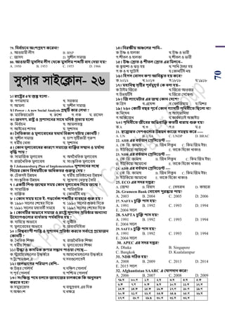 70
79. সনব থাচবন অংশগ্রিণ কবরনা?
A. আওয়ামী লীগ B. BNP
C. জাসদ D. সুেীল সমাজ
80. আওয়ামী মুিসলম লীে কর্বক মুিসলম শেটি বাে কেয়া িয়?
A. 1950 B. 1953 C. 1955 D. 1966
mycvi mvB‡K¬vb- 26
১। রাবষ্ট্রর ৫ম স্তম্ভ িবলা -
ক. গর্মাধযম খ. সরকার
গ. আমলা ঘ. সুেীল সমাজ
২। Power : A new Social Analysis গ্রেটি কার কলখ্া ?
ক. মযাপকয়ায়িপল খ. রুয়ো গ. লক ঘ. রায়সল
৩। জনেণ, রাষ্ট্র ও প্রশািবনর িাবর্ সনি প্রতযয় িবলা
ক. পনব ডার্ন খ. আমলািন্ত্র
গ. আইয়নর োসন ঘ. সুোসন
৪। তনসতকতা ও মূলযববাবধর যর্ার্ থসবকাশ িায় ককানটি ?
ক. সুেীল সমাজ খ. র্াি সৃটিকারী গররুি
গ. ধমীয় শনিা ঘ. সুোসন
৫। ককান মূলযববাবধর কারবণ িমাবজ বযজক্তর িোন ও ময থাো
বৃজে িায় ?
ক. সামাঝজক মূলযয়বাধ খ. অথ ডননপিক মূলযয়বাধ
গ. রাজননপিক মূলযয়বাধ ঘ. সাাংস্কৃ পিক মূলযয়বাধ
৬ । Johannesburg Plan of Implementation িুশািবনর িবঙ্গ
সনবচর ককান সবষয়টিবক অসধকতর গুরুত্ব কেয় ?
ক. শিকসই উেয়ন খ. ধমীয় িপিষ্ঠায়নর উেয়ন
গ. সাাংস্কৃ পিক উেয়ন ঘ. সুয়যাগয শনিৃ ে সিপর
৭ । একটি সশশু জবন্মর িময় ককান মূলযববাধ সনবয় জবন্ম ?
ক. সামাঝজক খ. িাপরবাপরক
গ. বযঝক্তক ঘ. শকানটিই নয়
৮ । ককান িময় িবত ই- েভবন থন্স শেটির বযবিার শুরু িয় ?
ক. ১৯৯০ সায়লর শেয়ের পদয়ক খ. ১৯৯০ সায়লর শুরুর পদয়ক
গ. ১৯৯১ সায়লর মধযবিী সময়য় ঘ. ১৯৯৭ সায়লর শেয়ের পদয়ক
৯ । ককানটির অভাবব িমাজ ও রাবষ্ট্র িুশািন প্রসতিার অনযানয
উবেযােগুবলার বযর্ থতায় িয থবসিত িয় ?
ক. দাপয়য়ে অিায়ব খ. দুনীপি
গ. মূলযয়বায়ধর অিায়ব ঘ. জবাবপদপহিা
১০ । সবশ্ববযািী শাসন্ত ও িুশািন প্রসতিা করবত িব থাবগ্র প্রবয়াজন
ককানটি ?
ক. সনপিক পেো খ. রাজননপিক পেো
গ. ধমীয় পেো ঘ. মূলযয়বায়ধর পেো
১১। উল্কা ও কিসমক কণার িন্ধান িাওয়া কেবি---
ক.িযায়িামন্ডয়লর উদ্ধস্ত ডয়র খ.আয়য়নামন্ডয়লর উদ্ধস্ত ডয়র
গ.ট্রয়িামণ্ডল এ ঘ.সবগুয়লায়িই
১২। জলভাবের িসরমাণ কবসশ--
ক.উত্তর শগালাধ ড খ.দপের্ শগালাধ ড
গ.িূব ডশগালাধ ড ঘ.িঝিম শগালাধ ড
১৩। িংসক্ষপ্ত িবর্ চলবত জািাবজর চালকবক সক অনুিরণ
করবত িবব?
ক.সমুদ্রয়স্রাি খ.বায়ুিবাহ এর পদক
গ.অোাংে ঘ.নেত্র
১৪। সনরক্ষীয় অঞ্চবলর িাসন--
ক.উষ্ণ ও হালকা খ.উষ্ণ ও িারী
গ.েীিল ও হালকা ঘ.েীিল ও িারী
১৫। উষ্ণ করাত ও শীতল করাত এর সমলবন--
ক.কু য়াো ও িড় হয় খ.িাপন ঠান্ডা হয়
গ.ক ও খ দুয়িাই ঘ.শকানটিই নয়
১৬। সিেি কবািন কণা আসবষ্কৃ ত িয় কবব?
ক.২০১২ খ.২০১৩ গ.১৮১৮ ঘ.১৯১৮
১৭। মিাসবশ্ব িৃটষ্টর িূব থমুিূতথ কক বলা িয়--
ক.িাইম ঝজয়রা খ.ঝজয়রা আওয়ার
গ.উিয়টিই ঘ.ঝজয়রা শসয়কন্ড
১৮। জজ লযাবমিার এর জন্ম ককান কেবশ?
ক.পগ্রস খ.এয়থন্স গ.শবলঝজয়াম ঘ.পমের
১৯। ২৬০ ককাটি বির িূবব থককান েযািটি িৃসর্বীবত সিবলা না?
ক.পময়থন খ.অযায়মাপনয়া
গ.অঝক্সয়জন ঘ.কাব ডনর্াই অক্সাইর্
২০। িৃসর্বীবত জীববর অসভবযজক্ত কতটি ধারায় শুরু িয়?
ক.২ খ.৩ গ.৪ ঘ.৫
21. স্ববল্পান্নত কেশগুবলার উন্নয়ন কাবজ িমন্বয় কবর -----
A. UN B. USA C. UNDP D. BRAC
22. AIIB এর বতথমান কপ্রসিবিি ----
A. শক. পি. কামাথ B. ঝজন পলকু ন C. পকম ঝজম ইয়াং
D. ইউপকয়য়া আমায়না E. িায়ক পহয়কা নাকাও
23. NDB এর বতথমান কপ্রসিবিি ----
A. শক. পি. কামাথ B. ঝজন পলকু ন C. পকম ঝজম ইয়াং
D. ইউপকয়য়া আমায়না E. িায়ক পহয়কা নাকাও
24. ADB এর বতথমান কপ্রসিবিি ----
A. শক. পি. কামাথ B. ঝজন পলকু ন C. পকম ঝজম ইয়াং
D. ইউপকয়য়া আমায়না E. িায়ক পহয়কা নাকাও
25. ECO এর িের েপ্তর?
A. শজিা B. পরয়াদ C. শিহরান D. কায়য়রা
26. Grameen Bank কনাববল িুরস্কার িায়?
A. 2003 B. 2004 C. 2005 D. 2006
27. NAFTA চু জক্ত িাি িয়?
A. 1991 B. 1992 C. 1993 D. 1994
E. 2004 সায়ল
28. SAPTA চু জক্ত িাি িয়?
A. 1991 B. 1992 C. 1993 D. 1994
E. 2004 সায়ল
29. SAFTA চু জক্ত িাি িয়?
A. 1991 B. 1992 C. 1993 D. 1994
E. 2004 সায়ল
30. APEC এর িের েপ্তর?
A. Dhaka B. Singapore
C. Bangkok D. Kualalampur
31. NDB েটিত িয়?
A. 2008 B. 2009 C. 2013 D. 2014
E. 2015 সায়ল
32. Afghantistan SAARC এ কযােোন কবর?
A. 2006 B. 2007 C. 2008 D. 2009
79.N 80.M 1.N 2.N 3.N 4.N 5.K
6.K 7.M 8.K 9.N 10.N 11.L 12.L
13.K 14.K 15.K 16.K 17.M 18.M 19.M
20.K 21.M 22.L 23.K 24.O 25.M 26.N
27.L 28.M 29.O 30.L 31.N 32.L
 