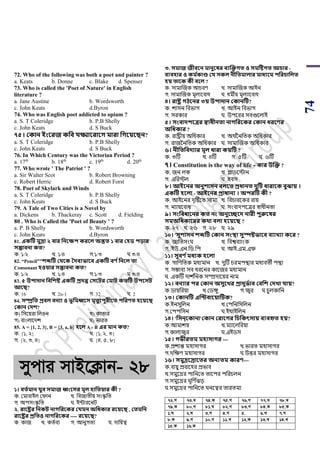 74
72. Who of the following was both a poet and painter ?
a. Keats b. Donne c. Blake d. Spenser
73. Who is called the 'Poet of Nature' in English
literature ?
a. Jane Austine b. Wordsworth
c. John Keats d.Byron
74. Who was English poet addicted to opium ?
a. S. T Coleridge b. P.B Shelly
c. John Keats d. S Buck
৭৫। ককান ইংবরজ কসব যক্ষ্মাবরাবে মারা সেবয়বিন?
a. S. T Coleridge b. P.B Shelly
c. John Keats d. S Buck
76. In Which Century was the Victorian Period ?
a. 17th
b. 18th
c. 19th
d. 20th
77. Who wrote ' The Patriot ' ?
a. Sir Walter Scot b. Robert Browning
c. Robert Herric d. Robert Forst
78. Poet of Skylark and Winds
a. S. T Coleridge b. P.B Shelly
c. John Keats d. S Buck
79. A Tale of Two Cities is a Novel by
a. Dickens b. Thackeray c. Scott d. Fielding
80 . Who is Called the 'Poet of Beauty ' ?
a. P. B Shelly b. Wordsworth
c. John Keats d.Byron
81. একটি মুদ্রা ২ বার সনবক্ষি করবল অন্তত ১ বার কিি িড়ার
িম্ভাবনা কত?
ক. ১/২ খ. ১/৪ গ.১/৩ ঘ ৩/৪
82. “Pencil””শেটি কর্বক তেবযভাবব একটি বণ থসনবল তা
Consonant িওয়ার িম্ভাবনা কত?
ক. ১/২ খ. ১/৪ গ.১/৩ ঘ ৩/৪
83. ৫ উিাোন সবসশষ্ট একটি প্রেত্ত কিবির কমাি কতটি উিবিি
আবি?
ক. 16 খ. 2n-1 গ. 32 ঘ. 2
84. িম্প্রসত প্রবল বনযা ও ভূসমর্ধ্বি মৃতুযিুরীবত িসরণত িবয়বি
ককান কেশ?
ক) পসয়য়রা পলওন খ) কািার
গ) বাাংলায়দে ঘ) িারি
85. A = {1, 2, 3}, B = {3, a, b} িবল A - B এর মান কত?
ক. {১, ২} ` খ. {১, ২, ৩}
গ. {২, ৩, ৪} ঘ. {৪, ৫, ৮}
mycvi mvB‡K¬vb- 28
১। বতথমান যুব িমাজ র্ধ্ংবির মূল িাসতয়ার কী ?
ক. শমাবাইল শিান খ. পবজািীয় সাংস্কৃ পি
গ. অিসাংস্কৃ পি ঘ. ইটারয়নি
২. রাবষ্ট্রর সনকি নােসরবকর কযমন অসধকার রবয়বি , কতমসন
রাবষ্ট্রর প্রসতও নােসরবকর ---- রবয়বি?
ক. কাজ খ. কিডবয গ. আনুগিয ঘ. দাপয়ে
৩. িমাজ জীববন মানুবষর বযজক্তেত ও িমটষ্টেত আচার -
বযবিার ও কম থকাণ্ড কয িকল নীসতমালার মাধযবম িসরচাসলত
িয় তাবক কী ববল ?
ক. সামাঝজক আর্রর্ খ. সামাঝজক আইন
গ. সামাঝজক মূলযয়বাধ ঘ. ধমীয় মূলযায়বাধ
৪। রাষ্ট্র েিবনর ৩য় উিাোন ককানটি?
ক. োসন পবিাগ খ. আইন পবিাগ
গ. সরকার ঘ. উিয়রর সবগুয়লাই
৫। িংবােিবত্রর স্বাধীনতা নােসরবকর ককান ধরবণর
অসধকার ?
ক. রাষ্ট্রীয় অপধকার খ. অথ ডননপিক অপধকার
গ. রাজননপিক অপধকার ঘ. সামাঝজক অপধকার
৬। নীসতসবেযার মূল ধারা কয়টি ?
ক. ৩টি খ. ৪টি গ. ৫টি ঘ. ৬টি
৭। Constitution is the way of life - কার উজক্ত ?
ক, জন লক খ. গ্লার্য়িান
গ. এপরিল ঘ. হবস
৮। আইবনর অনুশািন বলবত প্রধানত েুটি ধারাবক বুোয় ।
একটি িবলা - আইবনর প্রাধানয । অিরটি কী ?
ক. আইয়নর দৃটিয়ি সাময খ. পবর্ারয়কর রায়
গ. নযায়য়বাধ ঘ. সাংবাদিয়ত্রর স্বাধীনিা
৯। িংসবধাবনর কত নং অনুবেবে নারী িুরুবষর
িমঅসধকাবরর কর্া বলা িবয়বি ?
ক. ২৭ খ. ২৬ গ. ২৮ ঘ. ২৯
১০। ‘িুশািন শেটি ককান িংস্থা িুস্পষ্টভাবব বযাখ্যা কবর ?
ক. জাপিসাংঘ খ. পবশ্ববযাাংক
গ. ইউ.এন.পর্.পি ঘ. আই.এম.এি
১১। িুবণ থমধযক িবলা
ক. গাপর্পিক মধযমান খ. দুটি র্রমিন্থার মধযবিী িন্থা
গ. সম্ভাবয সব ধরয়নর কায়জর মধযমান
ঘ. একটি দাে ডপনক সম্প্রদায়য়র নাম
১২। বনযার ির ককান অিুবখ্র প্রােুভথাব কবসশ কেখ্া যায়?
ক.র্ায়পরয়া খ.শর্ঙ্গু গ.জ্বর ঘ.র্ুলকাপন
১৩। ককানটি এসিবাবয়াটিক?
ক.ইনসুপলন খ.শিপনপসপলন
গ.শিিপসন ঘ.ইথাইপলন
১৪। 'সিন্বকানা'ককান করাবের সচসকৎিায় বযবহৃত িয়?
ক.আমােয় খ.মযায়লপরয়া
গ.কালাজ্বর ঘ.এইর্স
১৫। েভীরতম মিািাের ---
ক.িোন্ত মহাসাগর খ.িারি মহাসাগর
গ.দপের্ মহাসাগর ঘ.উত্তর মহাসাগর
১৬। িমুদ্রবরাবতর অনযতম কারণ---
ক.বায়ু িবায়হর িিাব
খ.সমুয়দ্রর িাপনয়ি িায়ির িপরর্লন
গ.সমুয়দ্রর ঘূপর্ ডিড়
ঘ.সমুয়দ্রর িাপনয়ি ঘনয়ের িারিময
72.M 73.L 74.K 75.M 76.M 77.L 78.L
79.K 80.M 81.N 82.M 83.M 84.K 85.K
1.N 2.N 3.M 4.M 5. 6.L 7.M
8.K 9.M 10.M 11.L 12.K 13.L 14.L
15.K 16.K
 