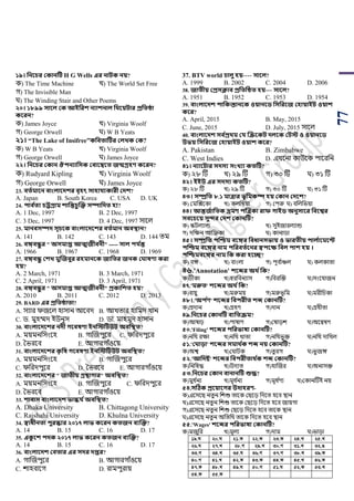77
১৯। সনবচর ককানটি H G Wells এর নািক নয়?
ক) The Time Machine খ) The World Set Free
গ) The Invisible Man
ঘ) The Winding Stair and Other Poems
২০। ১৮৯৯ িাবল কক আইসরশ নযাশনাল সর্বয়িার প্রসতিা
কবরন?
ক) James Joyce খ) Virginia Woolf
গ) George Orwell ঘ) W B Yeats
২১। “The Lake of Insifree”কসবতাটির কলখ্ক কক?
ক) W B Yeats খ) Virginia Woolf
গ) George Orwell ঘ) James Joyce
২২। সনবচর ককান ঔিনযাসিক কবাবম্ববত জন্মগ্রিণ কবরন?
ক) Rudyard Kipling খ) Virginia Woolf
গ) George Orwell ঘ) James Joyce
23. বতথমাবন বাংলাবেশর বৃিৎ িািাযযকারী কেশ?
A. Japan B. South Korea C. USA D. UK
24. িাব থতয চটগ্রাম শাসন্তচু জক্ত িিাসেত িয?
A. 1 Dec, 1997 B. 2 Dec, 1997
C. 3 Dec, 1997 D. 4 Dec, 1997 সায়ল
25. মানবিিে িূচবক বাংলাবেবশর বতথমান অবস্থান?
A. 141 B. 142 C. 143 D. 144 িম
26. বঙ্গবন্ধু র " অিমাপ্ত আত্ম্জীবনী" ----- িাল িয থন্ত
A. 1966 B. 1967 C. 1968 D. 1969
27. বঙ্গবন্ধু কশখ্ মুজজবুর রিমানবক জাসতর জনক ক াষণা করা
িয়?
A. 2 March, 1971 B. 3 March, 1971
C. 2 April, 1971 D. 3 April, 1971
28. বঙ্গবন্ধু র " অিমাপ্ত আত্ম্জীবনী" প্রকাসশত িয়?
A. 2010 B. 2011 C. 2012 D. 2013
29. BARD এর প্রসতিাতা?
A. সযার িজয়ল হাসান আয়বদ B. আখিার হাপমদ খান
C. র্. মুহম্মদ ইউনূস D. র্া. মাহমুদ হাসান
30. বাংলাবেবশর নেী েববষণা ইনসেটিউি অবসস্থত?
A. ময়মনপসাংয়হ B. গাঝজিুয়র C. িপরদিুয়র
D. সিরয়ব E. আগারগােঁওয়য়
31. বাংলাবেবশর কৃ সষ েববষণা ইনসেটিউি অবসস্থত?
A. ময়মনপসাংয়হ B. গাঝজিুয়র
C. িপরদিুয়র D. সিরয়ব E. আগারগােঁওয়য়
32. বাংলাবেবশর " জাতীয় গ্রোোর" অবসস্থত?
A. ময়মনপসাংয়হ B. গাঝজিুয়র C. িপরদিুয়র
D. সিরয়ব E. আগারগােঁওয়য়
33. শাবাি বাংলাবেশ ভাস্কয থঅবসস্থত?
A. Dhaka University B. Chittagong University
C. Rajshahi University D. Khulna University
34. স্বাধীনতা িুরস্কার ২০১৭ লাভ কবরন কতজন বযজক্ত?
A. 14 B. 15 C. 16 D. 17
35. একু বশ িেক ২০১৭ লাভ কবরন কতজন বযজক্ত?
A. 14 B. 15 C. 16 D. 17
36. বাংলাবেশ কবতার এর িের েপ্তর?
A. গাঝজিুয়র B. আগারগােঁওয়য়
C. োহবায়গ D. রামিুরায়
37. BTV world চালু িয়---- িাবল?
A. 1999 B. 2002 C. 2004 D. 2006
38. জাতীয় কপ্রিক্লাব প্রসতটিত িয়--- িাবল?
A. 1951 B. 1952 C. 1953 D. 1954
39. বাংলাবেশ িাসকস্তানবক ওয়ানবি সিসরবজ কিায়াইি ওয়াশ
কবর?
A. April, 2015 B. May, 2015
C. June, 2015 D. July, 2015 সায়ল
40. বাংলাবেশ িব থপ্রর্ম কয জেবকি েলবক কিে ও ওয়ানবি
উভয় সিসরবজ কিায়াইি ওয়াশ কবর?
A. Pakistan B. Zimbabwe
C. West Indies D. এখয়না কাউয়ক িায়রপন
৪১। নযাবিার িেিয িংখ্যা কতটি?
ক) ২৮ টি খ) ২৯ টি গ) ৩০ টি ঘ) ৩১ টি
৪২। ইইউ এর িেিয কতটি?
ক) ২৮ টি খ) ২৯ টি গ) ৩০ টি ঘ) ৩১ টি
৪৩। িম্প্রসত ৮.১ মাত্রার ভূসমকি িয় ককান কেবশ?
ক) শমঝক্সয়কা খ) কলপম্বয়া গ) শিরু ঘ) বপলপিয়া
৪৪। আন্তজথাসতক ভ্রমণ িজত্রকা রাফ োইি অনুিাবর সববশ্বর
িববচবয় িুদর কেশ ককানটি?
ক) স্কিলযান্ড খ) সুইজারলযান্ড
গ) দপেন আপফ্রকা ঘ) কানার্া
৪৫। িম্প্রসত িজিম ববঙ্গর সবধানিভায় ও ভারতীয় িাল থাবমবি
িজিম ববঙ্গর নাম িসরবতথবনর স্বিবক্ষ সবল িাশ িয় ।
িজিমববঙ্গর নাম সক করা িবে?
ক) বঙ্গ খ) বাাংলা গ) িূব ডাঞ্চল ঘ) কলকািা
৪৬.'Annotation' শবের অর্ থসক?
ক)িীকা খ)স্বরপবনযাস গ)পবরঝক্ত ঘ)সাংয়যাজন
৪৭.'মরুত' শবের অর্ থসক?
ক)বায়ু খ)মরুময় গ)মরুিূপম ঘ)মরীপর্কা
৪৮।.'অি থণ' শবের সবিরীত শে ককানটি?
ক)িদান খ)গ্রহর্ গ)দান ঘ)গ্রহীিা
৪৯.সনবচর ককানটি বযসতেম?
ক)আোঢ় খ)িাোর্ গ)শোড়ে ঘ)অয়ন্বের্
৫০.'Filing' শবের িসরভাষা ককানটি?
ক)নপথ রো খ)নপথ খািা গ)নপথিু ক্ত ঘ)নপথ দাপখল
৫১.'ক াড়া' শবের িমার্ থক শে নয় ককানটি?
ক)অশ্ব খ)শঘািক গ)িু রগ ঘ)িু জঙ্গ
৫২.'আসেষ্ট' শবের সবিরীতার্ থক শে ককানটি?
ক)পনপেদ্ধ খ)উদযি গ)হাঝজর ঘ)অনাসক্ত
৫৩.সনবচর ককান বানানটি শুে?
ক)মুধ ডনয খ)মূধ ডনয গ)মূধ ডর্য ঘ)শকানটিই নয়
৫৪.িটিক প্রবয়াবের উোিরণ-
ক)এয়সয় নিু ন পেশু িায়ক শ য়ড় পদয়ি হয়ব স্থান
খ)এয়সয় নিু ন পেশু িায়ক শ য়ড় পদয়ি হয়ব জায়গা
গ)এয়সয় নিু ন পেশু শ য়ড় পদয়ি হয়ব িায়ক স্থান
ঘ)এয়সয় নিু ন অপিপথ িায়ক পদয়ি হয়ব স্থান
৫৫.'Wages' শবের িসরভাষা ককানটি?
ক)মজুপর খ)মূলয গ)দাম ঘ)িাড়া
19.N 20.N 21.K 22.K 23.K 24.L 25.L
26.N 27.L 28.M 29.L 30.M 31.L 32.O
33.M 34.L 35.N 36.M 37.M 38.L 39.K
40.M 41.L 42.K 43.K 44.K 45.L 46.K
47.K 48.L 49.N 50.M 51.N 52.K 53.L
54.K 55.K
 