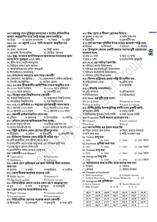 80
৩৪। বঙ্গবন্ধু কশখ্ মুজজবুর রিমাবনর ৭ মাবচথর ঐসতিাসিক
ভাষবণ অনুপ্রাসণত িবয় ততসর িবে ককান চলজচ্চত্র?
ক) পর্ত্রা খ) জাগ্রি বাাংলায়দে গ) গন্তবয ঘ) মুঝক্ত
৩৫। ২৯ - ৩০ জুলাই ২০১৭ 'িাসন িবেলন' অনুটিত িয়
ককার্ায়?
ক) ঢাকা , বাাংলায়দে খ) পদল্লী, িারি
গ) জাকািডা, ইয়ন্দায়নপেয়া ঘ) শিাপকও, জািান
৩৬। যুে- িং াবত মানসিকভাবব আিতবের িিায়তার জনয
মযােবিবি িুরস্কার ২০১৭ িান --
ক) শ্রীলাংকার শগথপস োনমুগাম
খ) পসপরয়ার বাোর আল আসাদ
গ) আিগাপনস্তায়নর হাপমদ কারজাই
ঘ) ঈসরাইয়লর শনিাপনয়াহু
৩৭। বািবযােয িববচবয় ভাল শির ককানটি?
ক) শমলয়বান ড( অয়িপলয়া ) খ) শজাহান্সবাগ ড(দপেন আপফ্রকা)
গ) পসর্নী (অয়িপলয়া) ঘ) িযাপরস (ফ্রান্স)
৩৮। ৩৩ তম গ্রীস্মকালীন অসলম্পিক কেমি অনুটিত িবব --
ক) ২০২৪ সায়ল িযাপরয়স খ) ২০১৮ সায়ল রাপেয়ায়
গ) ২০২২ সায়ল কািায়র ঘ) শকানটিই নয়।
৩৯। সববশ্বর কিরা সবশ্বসবেযালয় ককানটি?
ক) হািডার্ড পবশ্বপবদযালয় খ) অক্সয়িার্ড পবশ্বপবদযালয়
গ) কযামরপব্রজ পবশ্বপবদযালয় ঘ) বন পবশ্বপবদযালয়
৪০। ASEAN প্রসতিার ৫০ বিবরর িুবণ থজয়ন্তী িালন কবর --
ক) ৮ আগি ২০১৭ সায়ল খ) ৯ আগি ২০১৭ সায়ল
গ) ১০ আগি ২০১৭ সায়ল ঘ) ১১ আগি ২০১৭ সায়ল
৪১। ককানটি ভাইরািজসনত করাে নয়?
ক.এইর্স খ.জলািঙ্ক গ.পর্িয়থপরয়া ঘ.শিাপলও
৪২। এইিি করাবের ক্ষসতকারক সেক িবে---
ক.শদয়হর যকৃ ি নি হয় খ.মঝস্তয়ষ্ক রক্তিাি হয়
গ.শদয়হর পকর্নী নি হয় ঘ.শরাগ িপিয়রাধ েমিা শলাি
৪৩। সিি ভাইরাি-ককান করাবের জীবাণুর নাম?
ক.টিয়িনাস খ.শরপবস গ.উিয়টিই ঘ.শকানটিই নয়
৪৪। সচসকৎিা সবষয়ক ককান উজক্ত টি িটিক নয়?
ক.এপটবায়য়াটিক শরাগ জীবার্ু ধ্বাংস কয়র
খ.র্ায়ায়বটিস শরায়গ রয়ক্ত গরলুয়কাজ এর িপরমান বৃঝদ্ধ িায়
গ.শর্ঙ্গু জ্বয়র শকায়না ঔেধ শনই
ঘ.এয়নাপিপলস মোর কাময়ড় শর্ঙ্গু হয়
৪৫। ককানটি Viral Disease?
ক.Tuberculosis খ.Pneumonia
গ. Diphtheria ঘ. Influenza
৪৬। ককান করাে প্রসতবরাধ এর জনয সবসিজজ টিকা বযবিার
করা িয়?
ক.কয়লরা খ.যো গ.ধনুিঙ্কার ঘ.শিাপলও
৪৭। ককান টিকার কায থকর বযবিার কনই?
ক.MMR vaccine খ.Hepatitis B
গ.Chiken pox vaccine ঘ.Cholera vaccine
৪৮। সিিবর্সরয়া করাবে কেবির ককান অংশ আোন্ত িয়?
ক.মুখ খ.গলা গ.িু সিু স ঘ.িাকস্থালী
৪৯। কপ্লে করাবের বযাকবিসরয়ার নাম--
ক.Plagie vincenna খ.Yersenia indinna
গ.Yersenia pestis ঘ.Plazia tropica
৫০। সনউবমাসনয়া করাবের িবরাক্ষ কারণ ককানটি?
ক.পিিাকৃ পম খ.শগালকৃ পম গ.সুিাকৃ পম ঘ.িািা কৃ পম
৫১। উষ্ণ করাত ও শীতল করাবতর সমলবন--
ক.কু য়াো ও িড় হয় খ.িাপন ঠান্ডা হয়
গ.উিয়টিই ঘ.শকানটিই নয়
৫২। িূয থঅবিক্ষা িৃসর্বীর উির চবন্দ্রর আকষ থণ শজক্ত প্রায়--
ক.পদ্বগুন খ.পিনগুর্ গ.র্ারগুর্ ঘ.অয়ধ ডক
৫৩। উিকূ বল ককাবনা একটি ি্িাবন িরির েুটি কজায়াবরর
বযবধান িবলা-
ক.িায় ১২ ঘটা খ.িায় ২৪ ঘটা
গ.িায় ৬ ঘটা ঘ.র্ায়দেঁর পিপথ অনুযায়ী
৫৪। PCR. এর িসরিূণ থঅর্ থসক?
ক.িপলমার কাব ডন পরঅযাকেন
খ.িপলমার কায়ব ডাহাইয়িি পরঅযাকেন
গ.িপলমার কযািাপলি পরঅযাকেন
ঘ.িপলমার শর্ইন পরঅযাকেন
৫৫। সফশন প্রজেয়ায় প্রচন্ড শজক্ত উৎিাসেত িয়--
ক.হাইয়িায়জন শবামা খ.এিম শবামা
গ.সূয ড ঘ.নয়িারঝি
৫৬। কমৌমাসি িালনসবেযা--
ক.এপি কালর্ার খ.এপিকালর্ার
গ.পিপসকালর্ার ঘ.শসপরকালর্ার
৫৭। Diode এর েুটি প্রান্ত িবলা--
ক.Gate & Drain খ.Pentrode & Triode
গ.Drain & Source ঘ.Anode & Cathode
৫৮। ইসিবগ্রবিি ইবলকেসনক্স বতথনী িবলা একটি অসত--
ক.সাধারর্ বিডনী খ.সহজ বিডনী
গ.পসপলকয়নর িুকরার সিপর বিডনী ঘ.সস্তা দায়মর বিডনী
৫৯। Transistor ততসর করবত প্রবয়াজন িয়--
ক.Conductor খ.Semi conductor
গ.Insulator ঘ.Wood
৬০। কযািাসিির এর প্রধান কাজ সক?
ক.পবদুযৎ িবায়হ বাধা িদান খ.পবদুযৎ িবায়হ সহায়িা
গ.িাি েয় করা ঘ.েঝক্ত সাংরের্ করা
61. Twitter চালু িয়?
A. 2004 B. 2005 C. 2006 D. 2007 সায়ল
62. Facebook প্রসতিা করা িয়?
A. 2003 B. 2004 C. 2005 D. 2006 সায়ল
63. Youtube চালু িয়?
A. 2003 B. 2004 C. 2005 D. 2006 সায়ল
64. Instagram চালু িয়?
A. 2006 B. 2008 C. 2010 D. 2012 সায়ল
65. অনবধভাবব যারা িযাসকং কবর তাবের বলা িয়?
A. হযাকার B. শবকার
C. শক্রকার D. অনবধ হযাকার
66. Founder of Facebook?
A. Mark Zuckerberg B. Eduardo Saverin
C. Andrew McCollum D. Dustin Moskovitz E. All
67. Instagram এর প্রসতিাতা?
A. Kevin Systrom B. Dustin Moskovitz
C. Mike Krieger D. A+B E. A+ C
34.M 35.K 36.K 37.K 38.K 39.K 40.K
41.N 42.N 43.L 44.N 45.N 46.L 47.N
48.L 49.M 50.L 51.K 52.K 53.K 54.N
55.L 56.L 57.N 58.M 59.L 60.N 61.M
62.L 63.M 64.M 65.M 66.O 67.O
 