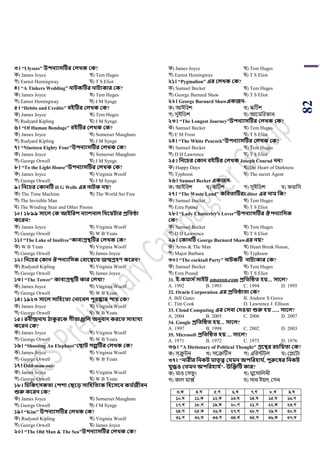 82
৩। “Ulysses” উিনযািটির কলখ্ক কক?
ক) James Joyce খ) Tem Huges
গ) Earnst Hemingway ঘ) T S Eliot
৪। “A Tinkers Wedding” নািকটির নািযকার কক?
ক) James Joyce খ) Tem Huges
গ) Earnst Hemingway ঘ) J M Synge
৫। “Debits and Credits” বইটির কলখ্ক কক?
ক) James Joyce খ) Tem Huges
গ) Rudyard Kipling ঘ) J M Synge
৬। “Of Human Bondage” বইটির কলখ্ক কক?
ক) James Joyce খ) Somerset Maugham
গ) Rudyard Kipling ঘ) J M Synge
৭। “Nineteen Eighty Four”উিনযািটির কলখ্ক কক?
ক) James Joyce খ) Somerset Maugham
গ) George Orwell ঘ) J M Synge
৮। “To the Light House”উিনযািটির কলখ্ক কক?
ক) James Joyce খ) Virginia Woolf
গ) George Orwell ঘ) J M Synge
৯। সনবচর ককানটি H G Wells এর নািক নয়?
ক) The Time Machine খ) The World Set Free
গ) The Invisible Man
ঘ) The Winding Stair and Other Poems
১০। ১৮৯৯ িাবল কক আইসরশ নযাশনাল সর্বয়িার প্রসতিা
কবরন?
ক) James Joyce খ) Virginia Woolf
গ) George Orwell ঘ) W B Yeats
১১। “The Lake of Insifree”কাবযগ্রেটির কলখ্ক কক?
ক) W B Yeats খ) Virginia Woolf
গ) George Orwell ঘ) James Joyce
১২। সনবচর ককান ঔিনযাসিক কবাবম্ববত জন্মগ্রিণ কবরন?
ক) Rudyard Kipling খ) Virginia Woolf
গ) George Orwell ঘ) James Joyce
১৩। “The Tower” কাবযগ্রেটি কার কলখ্া?
ক) James Joyce খ) Virginia Woolf
গ) George Orwell ঘ) W B Yeats
১৪। ১৯২৩ িাবল িাসিবতয কনাববল িুরস্কার িায় কক?
ক) James Joyce খ) Virginia Woolf
গ) George Orwell ঘ) W B Yeats
১৫। রবীন্দ্রনার্ িাকু রবক েীতাঞ্জসল অনুবাে করবত িািাযয
কবরন কক?
ক) James Joyce খ) Virginia Woolf
গ) George Orwell ঘ) W B Yeats
১৬। “Shooting An Elephant”কিাি েল্পটির কলখ্ক কক?
ক) James Joyce খ) Virginia Woolf
গ) George Orwell ঘ) W B Yeats
১৭। Odd-man-out-
ক) James Joyce খ) Virginia Woolf
গ) George Orwell ঘ) W B Yeats
১৮। সচসকৎিকতা কিশা কিবড় িাসিসতযক সিবিবব কম থজীবন
শুরু কবরন কক?
ক) James Joyce খ) Somerset Maugham
গ) George Orwell ঘ) J M Synge
১৯। “Kim” উিনযািটির কলখ্ক কক?
ক) Rudyard Kipling খ) Virginia Woolf
গ) George Orwell ঘ) James Joyce
২০। “The Old Man & The Sea”উিনযািটির কলখ্ক কক?
ক) James Joyce খ) Tem Huges
গ) Earnst Hemingway ঘ) T S Eliot
২১। “Pygmalion” এর কলখ্ক কক?
ক) Samuel Becket খ) Tem Huges
গ) George Barnard Shaw ঘ) T S Eliot
২২। George Barnard Shawএকজন-
ক) আইপরে খ) স্কটিে
গ) সুইপর্ে ঘ) আয়মপরকান
২৩। “The Longest Journey”উিনযািটির কলখ্ক কক?
ক) Samuel Becket খ) Tem Huges
গ) E M Frost ঘ) T S Eliot
২৪। “The White Peacock”উিনযািটির কলখ্ক কক?
ক) Samuel Becket খ) Tem Huges
গ) D H Lawrence ঘ) T S Eliot
২৫। সনবচর ককান বইটির কলখ্ক Joseph Conrad নন?
ক) Happy Days খ)The Heart of Darkness
গ) Typhoon ঘ) The secret Agent
২৬। Samuel Becket একজন-
ক) আইপরে খ) স্কটিে গ) সুইপর্ে ঘ) িরাপস
২৭। “The Waste Land” কসবতাটিরEditor এর নাম সক?
ক) Samuel Becket খ) Tem Huges
গ) Ezra Pound ঘ) T S Eliot
২৮। “Lady Chatterley's Lover”উিনযািটির ঔিনযাসিক
কক?
ক) Samuel Becket খ) Tem Huges
গ) D H Lawrence ঘ) T S Eliot
২৯। ককানটি George Barnard Shawএর নয়?
ক) Arms & The Man খ) Heart Break House,
গ) Major Barbara ঘ) Typhoon
৩০। “The cocktail Party” নািকটি নািযকার কক?
ক) Samuel Becket খ) Tem Huges
গ) Ezra Pound ঘ) T S Eliot
31. ই-কমাি থিাইি amazon.com প্রসতটিত িয়… িাবল?
A. 1992 B. 1993 C. 1994 D. 1995
32. Oracle Corporation এর প্রসতিাতা কক?
A. Bill Gates B. Andrew S Grove
C. Tim Cook D. Lawrence J. Ellison
33. Cloud Computing এর কিবা কেওয়া শুরু িয় ….. িাবল?
A. 2004 B. 2005 C. 2006 D. 2007
34. Google প্রসতটিত িয়… িাবল?
A. 1997 B. 1998 C. 2002 D. 2003
35. Microsoft প্রসতটিত িয় … িাবল?
A. 1971 B. 1972 C. 1975 D. 1976
৩৬। "A Dictionary of Political Thought" গ্রবের রচসয়তা কক?
ক) সরক্রু িন খ) সয়ক্রটিস গ) এপরিিল ঘ) শপ্লয়িা
৩৭। "নারীর সনকি মাতৃত্ব কযমন অিসরিায থ, িুরুবষর সনকি
যুেও কতমন অিসরিায থ"- উজক্তটি কার?
ক) মাও শসিু াং খ) মুয়সাপলনী
গ) কাল মাক্স ড ঘ) সান ইয়াৎ শসন
3.K 4.N 5.M 6.L 7.M 8.L 9.N
10.N 11.K 12.K 13.N 14.N 15.N 16.M
17.L 18.L 19.K 20.M 21.M 22.K 23.M
24.M 25.K 26.N 27.M 28.M 29.N 30.N
31.M 32.N 33.M 34.L 35.M 36.K 37.L
 