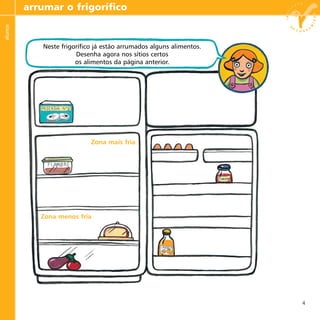 4
arrumar o frigoríficoalunos
Neste frigorífico já estão arrumados alguns alimentos.
Desenha agora nos sítios certos
os alimentos da página anterior.
Zona mais fria
Zona menos fria
 