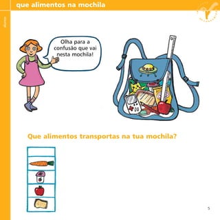 5
que alimentos na mochilaalunos
Olha para a
confusão que vai
nesta mochila!
Que alimentos transportas na tua mochila?
 