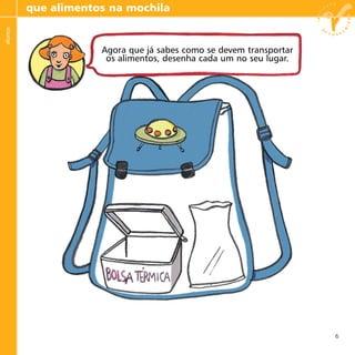 6
que alimentos na mochilaalunos
Agora que já sabes como se devem transportar
os alimentos, desenha cada um no seu lugar.
 