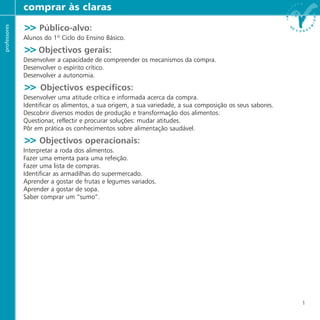 >> Público-alvo:
Alunos do 1º Ciclo do Ensino Básico.
>>Objectivos gerais:
Desenvolver a capacidade de compreender os mecanismos da compra.
Desenvolver o espírito crítico.
Desenvolver a autonomia.
>> Objectivos específicos:
Desenvolver uma atitude crítica e informada acerca da compra.
Identificar os alimentos, a sua origem, a sua variedade, a sua composição os seus sabores.
Descobrir diversos modos de produção e transformação dos alimentos.
Questionar, reflectir e procurar soluções: mudar atitudes.
Pôr em prática os conhecimentos sobre alimentação saudável.
>> Objectivos operacionais:
Interpretar a roda dos alimentos.
Fazer uma ementa para uma refeição.
Fazer uma lista de compras.
Identificar as armadilhas do supermercado.
Aprender a gostar de frutas e legumes variados.
Aprender a gostar de sopa.
Saber comprar um “sumo”.
comprar às clarasprofessores
1
 