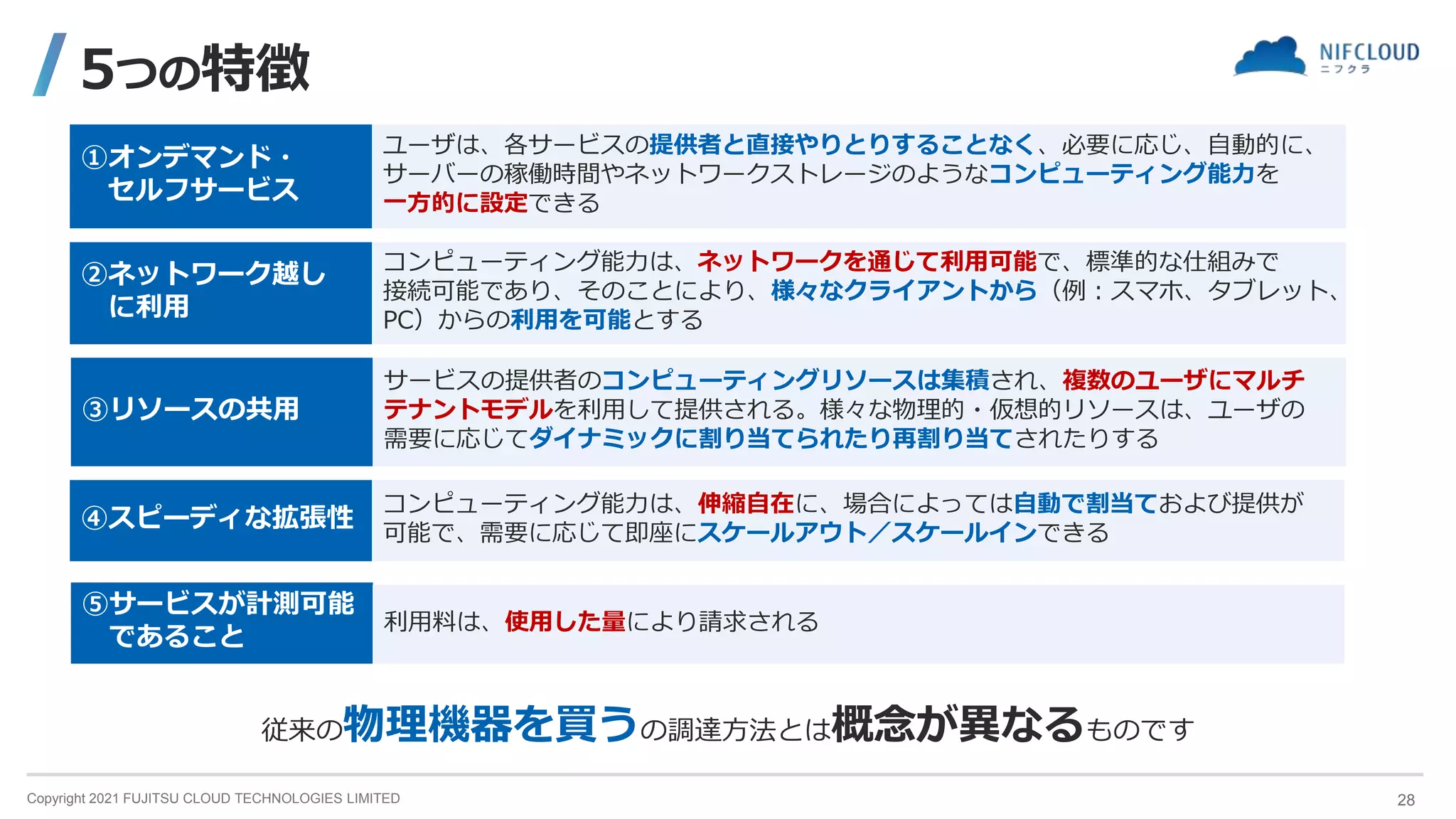 Copyright 2021 FUJITSU CLOUD TECHNOLOGIES LIMITED
5つの特徴
①オンデマンド・
セルフサービス
ユーザは、各サービスの提供者と直接やりとりすることなく、必要に応じ、自動的に、
サーバーの稼働時間やネットワークストレージのようなコンピューティング能力を
一方的に設定できる
②ネットワーク越し
に利用
コンピューティング能力は、ネットワークを通じて利用可能で、標準的な仕組みで
接続可能であり、そのことにより、様々なクライアントから（例：スマホ、タブレット、
PC）からの利用を可能とする
③リソースの共用
サービスの提供者のコンピューティングリソースは集積され、複数のユーザにマルチ
テナントモデルを利用して提供される。様々な物理的・仮想的リソースは、ユーザの
需要に応じてダイナミックに割り当てられたり再割り当てされたりする
④スピーディな拡張性
コンピューティング能力は、伸縮自在に、場合によっては自動で割当ておよび提供が
可能で、需要に応じて即座にスケールアウト／スケールインできる
⑤サービスが計測可能
であること
利用料は、使用した量により請求される
従来の物理機器を買うの調達方法とは概念が異なるものです
28
 