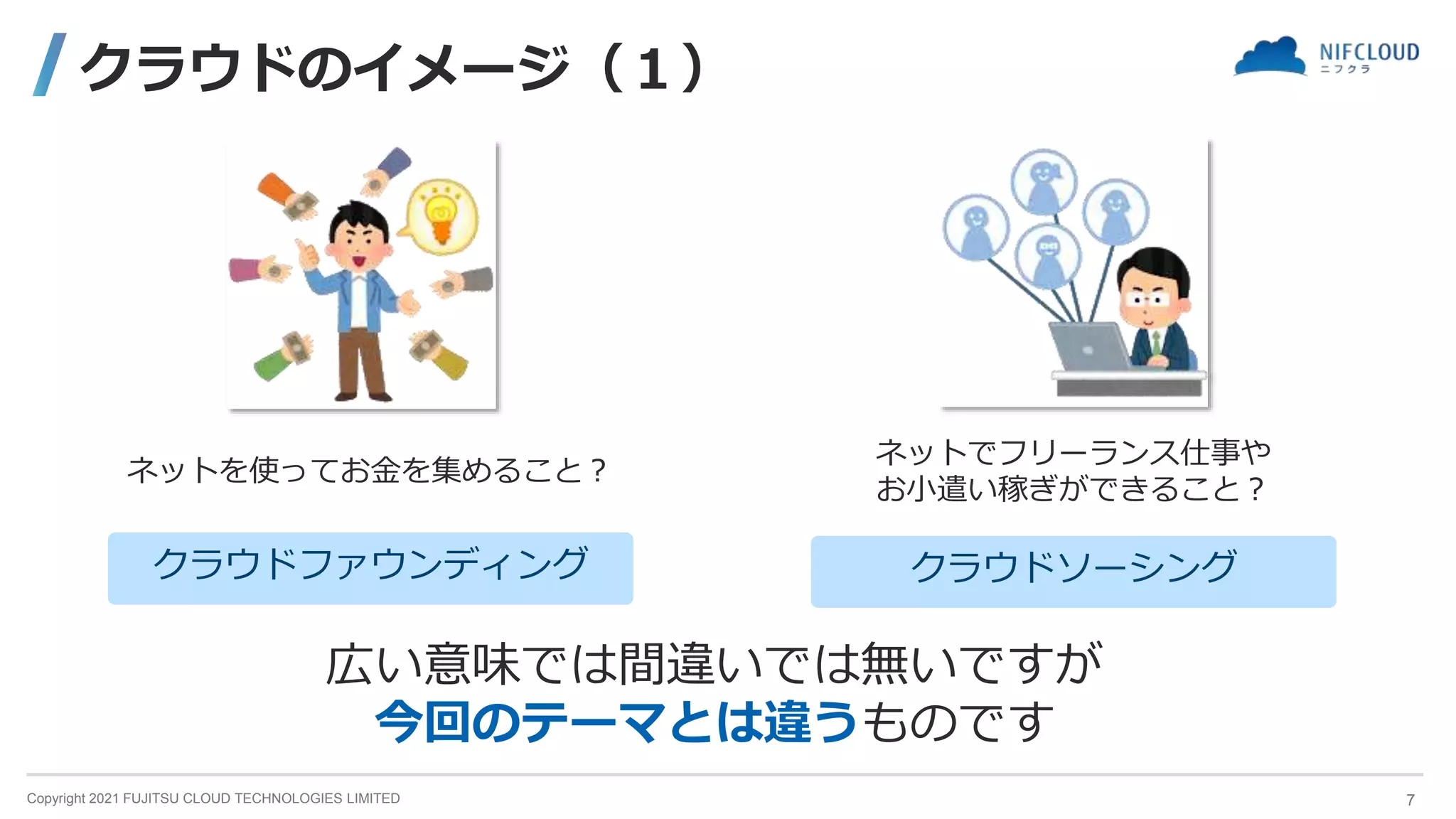 Copyright 2021 FUJITSU CLOUD TECHNOLOGIES LIMITED
クラウドのイメージ（１）
ネットを使ってお金を集めること？
ネットでフリーランス仕事や
お小遣い稼ぎができること？
広い意味では間違いでは無いですが
今回のテーマとは違うものです
クラウドファウンディング クラウドソーシング
7
 