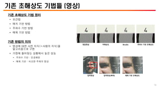 기존 초해상도 기법들 (영상)
기존 초해상도 기법 정리
• 보간법
• 에지 기반 방법
• 주파수 기반 방법
• 예제 기반 방법
기존 방법의 의의
• 영상에 대한 사전 지식(=사람의 지식)을
알고리즘으로 구현
• 가정에 들어맞는 상황에서 높은 성능
• 주파수 기반 : 인공패턴
• 예제 기반 : 비슷한 주제의 영상
입력영상 예제 기반 초해상도
입력영상(확대)
정답영상 저해상도 Bicubic 주파수 기반 초해상도
16
 