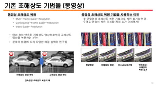 기존 초해상도 기법들 (동영상)
동영상 초해상도 복원
• Multi-Frame Super-Resolution
• Consecutive-Frame Super-Resolution
• Video Super-Resolution
• 여러 장의 연속된 저해상도 영상으로부터 고해상도
영상을 복원하는 분야
• 문제의 범위에 따라 다양한 해결 방법이 연구됨
연속영상 초해상도 복원의 예
저해상도 영상 확대 고해상도 영상 확대
동영상 초해상도 복원 기법을 사용하는 이유
 단일영상 초해상도 복원 기법으로 복원 불가능한 경
우에도 영상이 복원 가능함(특정 조건 아래에서)
정답영상 저해상도 영상 Bicubic보간법 연속영상
초해상도
복원 결과
18
 