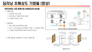 딥러닝 초해상도 기법들 (영상)
SRCNN은 기존 예제기반 초해상도와 비슷함
• 예제기반
1. 저해상도 패치 추출
2. 데이터에서 적합한 데이터 매칭
3. 고해상도 패치로 치환
• SRCNN
1. 패치 추출 및 특징백터로 변환
2. Non-Linear Mapping(저해상도 특징 <->고해상도 특징)
3. 고해상도 특징백터를 고해상도 패치로 재구성
• 이후 딥러닝 초해상도 구조의 기반이 됨
SRCNN 의 구조
Low-resolution patch
Corresponding
high-resolution patch

Generation of training data
예제 기반 초해상도의 학습과정과 복원과정
28
 