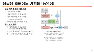 딥러닝 초해상도 기법들 (동영상)
모션 예측 & 보상 네트워크
• 딥러닝으로 구현됨
• 픽셀단위 모션 예측 & 보상
• 단계적인 모션 예측 & 보상
• Coarse to fine 전략
• Warp는 픽셀단위 영상 보상
모션 보상 과정
1. 입력영상 𝐼𝑡 와 𝐼𝑡+1으로
Coarse 모션 ∆𝑐
를 계산
2. 𝐼𝑡+1 을 모션 ∆𝑐
으로 warp  𝐼𝑡+1
′𝑐
3. 1, 2와 비슷하게 ∆𝑓
, 𝐼𝑡+1
′
를 계산
2단계 모션 예측과 보상 구조
coarse 예측과 보상 (¼ 스케일) 이후
fine 예측과 보상 (½ 스케일)
𝐼 : 저해상도 영상, 𝑡 : 프레임 번호
∆𝑥, ∆𝑦 : x방향 모션과 y방향 모션
∆𝑐, ∆𝑓 : coarse 모션, fine 모션
38
 