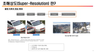 초해상도(Super-Resolution) 란?
촬영 이후의 영상 확대
Scene Optics Imager Image Understanding
2011, Minjae Kim et al., “Robust Video Super Resolution Algorithm Using
Measurement Validation Method and Scene Change Detection,” Journal
on Advances in Signal Processing
• 소프트웨어 기반의 영상 확대
• 디지털 줌
• 상대적으로 낮은 배율(2배~8배)
영상 일부를 자른 뒤 늘임
영상 해상도 증가
4
 