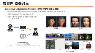 특별한 초해상도
Generative-Adversarial Network (GAN:적대적 생성 신경망)
• Generator(생성자)와 Discriminator(판별자)를 적대적으로 학습시키는 네트워크
• 장점 : Realistic 한 Fake Data 생성
• 단점 : 결과가 정말로 존재할 수 있는지는
알 수 없음
위조지폐로 설명하는 GAN
Generator : Fake Data를 만듦
Discriminator : Fake와 Real 을 구별
Generator와 Discriminator를 경쟁적으로 학습시켜 Fake Data의 품질을 높힐 수 있다.
나이 변환 성별 변환
여러가지 GAN 예제
44
 