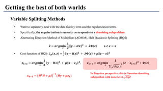 Getting the best of both worlds
Variable Splitting Methods
• Want to separately deal with the data fidelity term and the regularization terms
• Specifically, the regularization term only corresponds to a denoising subproblem
• Alternating Direction Method of Multipliers (ADMM), Half Quadratic Splitting (HQS)
• Cost function of HQS: ℒ 𝝁 𝒙, 𝒛 =
𝟏
𝟐
𝒚 − 𝑯𝒙 𝟐
+ 𝝀𝚽 𝒛 + 𝝁 𝒛 − 𝒙 𝟐
ෝ𝒙 = 𝒂𝒓𝒈𝐦𝐢𝐧
𝒙
𝟏
𝟐
𝒚 − 𝑯𝒙 𝟐 + 𝝀𝚽 𝒛 𝒔. 𝒕. 𝒛 = 𝒙
𝒙 𝒌+𝟏 = 𝒂𝒓𝒈𝐦𝐢𝐧
𝒙
𝟏
𝟐
𝒚 − 𝑯𝒙 𝟐
+ 𝝁 𝒙 − 𝒛 𝒌
𝟐
, 𝒛 𝒌+𝟏 = 𝒂𝒓𝒈𝐦𝐢𝐧
𝒛
𝟏
𝟐 𝝀/𝝁
𝟐
𝒛 − 𝒙 𝒌+𝟏
𝟐
+ 𝚽 𝒛
In Bayesian perspective, this is Gaussian denoising
subproblem with noise level 𝝀/𝝁!𝒙 𝒌+𝟏 = 𝑯 𝑻
𝑯 + 𝝁𝑰
−𝟏
(𝑯𝒚 + 𝝁𝒛 𝒌)
 