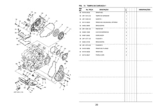 20
FIG. 13 TAMPA DA CARCACA 1
REF.
NO.
No. PEÇA DESCRIÇÃO
23PN
OBSERVAÇÕES
28 90149–06185 PARAFUSO 6
29 23P–15415–00 TAMPA DO GERADOR 1
30 23P–15455–00 GAXETA 1 1
31 90110–06349 PARAFUSO HEXAGONAL INTERNO 11
32 90462–08085 BRACADEIRA 1
33 23P–15491–00 PROTETOR 1
34 90480–12596 ILHO DE BORRACHA 4
35 90387–06265 ESPACADOR 4
36 23P–15771–00 FIXADOR 1 1
37 90464–23199 BRACADEIRA 1
38 23P–15772–00 FIXADOR 2 1
39 90105–06066 PARAFUSO FLANGE 2
40 90149–06328 PARAFUSO 2
41 90176–06047 PORCA CAPA 2
 