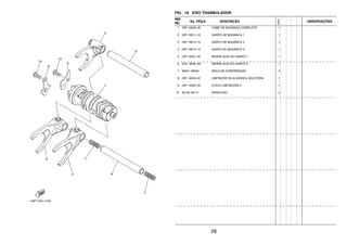 28
FIG. 18 EIXO TRAMBULADOR
REF.
NO.
No. PEÇA DESCRIÇÃO
23PN
OBSERVAÇÕES
1 23P–18540–00 CAME DE MUDANCA COMPLETO 1
2 23P–18511–10 GARFO DE MUDANCA 1 1
3 23P–18512–10 GARFO DE MUDANCA 2 1
4 23P–18513–10 GARFO DE MUDANCA 3 1
5 23P–18531–00 BARRA GUIA DO GARFO 1 1
6 2C0–18535–00 BARRA GUIA DO GARFO 2 1
7 90501–080A2 MOLA DE COMPRESSAO 2
8 23P–18536–00 LIMITADOR DA ALAVANCA SELETORA 1
9 23P–18562–00 PLACA LIMITADORA 2 1
10 90149–06177 PARAFUSO 2
 