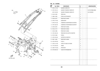 30
FIG. 20 CHASSI
REF.
NO.
No. PEÇA DESCRIÇÃO
23PN
OBSERVAÇÕES
1 23P–21110–00 QUADRO COMPLETO 1
2 23P–21190–10 QUADRO TRASEIRO COMPLETO 1 UR FOR DPBMC,MNM3
23P–21190–00 QUADRO TRASEIRO COMPLETO 1 UR FOR BWC1
3 90149–10003 PARAFUSO 4
4 95602–10200 PORCA AUTOTRAVANTE 4
5 90105–12077 PARAFUSO FLANGE 4
6 23P–21116–00 ESPACADOR 2
7 23P–21414–00 COMANDO DE MONTAGEM DO MOTOR 4
8 23P–21424–00 COMANDO DE MONTAGEM DO MOTOR 2
9 90105–10075 PARAFUSO FLANGE 1
10 90105–10175 PARAFUSO FLANGE 1
11 90105–10380 PARAFUSO FLANGE 1
12 23P–21495–00 PARAFUSO DE AJUSTE DO MOTOR 1
13 90179–10028 PORCA 1
14 23P–21318–00 SUPORTE DO MOTOR 4 1
15 95817–12025 PARAFUSO FLANGE 4
16 23P–2191B–00 PLACA 1 1
17 23P–2111A–00 CAPA DO TUBO DO CHASSI 2
18 3YX–2143A–00 TAMPA 2
19 3D8–2117G–00 PROTETOR 1
20 23P–28100–00 JOGO DE FERRAMENTAS 1
 