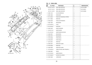 31
FIG. 21 PARA-LAMA
REF.
NO.
No. PEÇA DESCRIÇÃO
23PN
OBSERVAÇÕES
1 23P–21511–00–P5 PARA-LAMA DIANTEIRO 1 UR FOR DPBMC
23P–21511–00–P3 PARA-LAMA DIANTEIRO 1 UR FOR BWC1
23P–21511–00–P4 PARA-LAMA DIANTEIRO 1 UR FOR MNM3
2 90480–12072 ILHO DE BORRACHA 6
3 90387–06265 ESPACADOR 6
4 90110–06202 PARAFUSO HEXAGONAL INTERNO 4
5 90111–06063 PARAFUSO 2
6 95602–06200 PORCA AUTOTRAVANTE 2
7 90464–18002 BRACADEIRA 1
8 23P–2160E–00 CAIXA 1
9 23P–21652–00 PROTETOR 1
10 90267–40076 REBITE BLINDADO 2
11 4D9–24741–00 AMORTIZADOR 1
12 3KJ–24723–00 AMORTIZADOR DO SELIM 1
13 90464–20021 BRACADEIRA 2
14 90464–20010 BRACADEIRA 1
15 90183–060A6 PORCA MOLA 3
16 90183–05076 PORCA MOLA 1
17 92012–06014 PARAFUSO 3
18 95802–06014 PARAFUSO FLANGE 2
19 90109–06208 PARAFUSO 6
20 95802–06020 PARAFUSO FLANGE 1
21 23P–2163A–00 TAMPA DO PARA-LAMA TRASEIRO 1 1
22 90269–06081 REBITE 1
23 23P–21639–00 AMORTIZADOR 2 1
24 23P–21685–00 SUPORTE DA LICENCA 1
25 90387–06648 .ESPACADOR 2
 