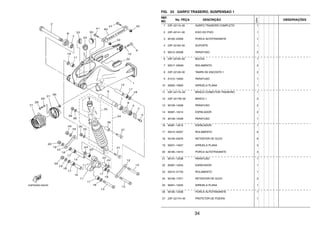 34
FIG. 23 GARFO TRASEIRO. SUSPENSAO 1
REF.
NO.
No. PEÇA DESCRIÇÃO
23PN
OBSERVAÇÕES
1 23P–22110–00 GARFO TRASEIRO COMPLETO 1
2 23P–22141–00 EIXO DO PIVO 1
3 90185–22009 PORCA AUTOTRAVANTE 1
4 23P–22163–00 SUPORTE 1
5 92012–05008 PARAFUSO 2
6 23P–22184–00 BUCHA 1
7 93317–330A0 ROLAMENTO 2
8 23P–22128–00 TAMPA DE ENCOSTO 1 2
9 91312–10040 PARAFUSO 1
10 92902–10600 ARRUELA PLANA 1
11 23P–2217A–00 BRACO CONECTOR TRASEIRO 1
12 23P–2217M–00 BRACO 1 2
13 90109–14008 PARAFUSO 2
14 90387–14014 ESPACADOR 2
15 90109–14009 PARAFUSO 1
16 90387–14015 ESPACADOR 1
17 93315–32057 ROLAMENTO 6
18 93109–20076 RETENTOR DE OLEO 6
19 90201–14027 ARRUELA PLANA 3
20 90185–14010 PORCA AUTOTRAVANTE 3
21 90101–12038 PARAFUSO 1
22 90387–12045 ESPACADOR 1
23 93315–31750 ROLAMENTO 1
24 93109–17071 RETENTOR DE OLEO 2
25 90201–12045 ARRUELA PLANA 1
26 90185–12008 PORCA AUTOTRAVANTE 1
27 23P–2217H–00 PROTETOR DE POEIRA 1
 