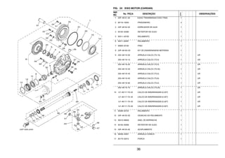 36
FIG. 24 EIXO MOTOR (CARDAN)
REF.
NO.
No. PEÇA DESCRIÇÃO
23PN
OBSERVAÇÕES
1 23P–46101–00 CAIXA TRANSMISSAO EIXO TRAS. 1
2 90116–10055 .PRISIONEIRO 4
3 23P–46153–00 .ESPACADOR DA GUIA 1
4 93102–32480 .RETENTOR DE OLEO 1
5 93311–43729 .ROLAMENTO 1
6 93311–62597 .ROLAMENTO 1
7 93605–23164 .PINO 1
8 23P–461A0–00 .KIT DE ENGRENAGENS MOTORAS 1
9 2S3–46119–00 .ARRUELA CALCO (T0.15) 1 UR
2S3–46119–10 .ARRUELA CALCO (T0.3) 1 UR
2S3–46119–20 .ARRUELA CALCO (T0.4) 1 UR
2S3–46119–30 .ARRUELA CALCO (T0.45) 1 UR
2S3–46119–40 .ARRUELA CALCO (T0.5) 1 UR
2S3–46119–50 .ARRUELA CALCO (T0.6) 1 UR
2S3–46119–60 .ARRUELA CALCO (T0.2) 1 UR
2S3–46119–70 .ARRUELA CALCO (T0.25) 1 UR
10 1J7–46117–Y0–25 .CALCO DA EMGRENAGEM (0.25T) 1 UR
1J7–46117–Y0–30 .CALCO DA EMGRENAGEM (0.30T) 1 UR
1J7–46117–Y0–40 .CALCO DA EMGRENAGEM (0.40T) 1 UR
1J7–46117–Y0–50 .CALCO DA EMGRENAGEM (0.50T) 1 UR
11 93306–20724 .ROLAMENTO 1
12 23P–46125–00 .VEDACAO DO ROLAMENTO 1
13 93210–69628 .ANEL DE BORRACHA 1
14 93102–50009 .RETENTOR DE OLEO 1
15 23P–46123–00 .ACOPLAMENTO 1
16 90208–20001 .ARRUELA CONICA 1
17 90179–20015 .PORCA 1
 