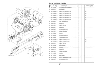 37
FIG. 24 EIXO MOTOR (CARDAN)
REF.
NO.
No. PEÇA DESCRIÇÃO
23PN
OBSERVAÇÕES
18 23P–46152–00 .ALOJAMENTO DO ROLAMENTO 1
19 93316–01403 .ROLAMENTO 1
20 22U–46118–00–12 .ARRUELA DE ENCOSTO (1.2T) 1 UR
22U–46118–00–14 .ARRUELA DE ENCOSTO (1.4T) 1 UR
22U–46118–00–16 .ARRUELA DE ENCOSTO (1.6T) 1 UR
22U–46118–00–18 .ARRUELA DE ENCOSTO (1.8T) 1 UR
22U–46118–00–20 .ARRUELA DE ENCOSTO (2.0T) 1 UR
21 93211–54698 .ANEL DE BORRACHA 1
22 90149–10055 .PARAFUSO 2
23 90201–10045 .ARRUELA PLANA 2
24 90149–08051 .PARAFUSO 6
25 93102–70004 .RETENTOR DE OLEO 1
26 90340–14046 .TAMPAO DO DRENO 1
27 214–11198–01 .GAXETA 1
28 2H7–17590–00 .RESPIRO COMPLETO 1
29 1FK–46156–00 .LIMITADOR DA CAIXA 1
30 1FK–46157–00–15 .ARRUELA CALCO (T=0.15) 1 UR
1FK–46157–00–20 .ARRUELA CALCO (T=0.20) 1 UR
31 90201–08043 .ARRUELA PLANA 6
32 23P–46122–00 .PISTA INTERNA 1
33 2S3–46862–00 .SUPORTE 1
34 90149–06158 .PARAFUSO 1
35 90340–14004 .TAMPAO DO DRENO 1
36 214–11198–01 .GAXETA 1
37 23P–4615A–00 ESPACADOR 1 1
38 23P–46171–00 EIXO DE TRANSMISSAO COMPL. 1
39 93108–49003 .RETENTOR DE OLEO 1
 