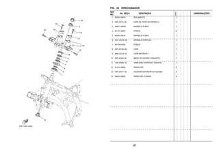41
FIG. 26 DIRECIONADOR
REF.
NO.
No. PEÇA DESCRIÇÃO
23PN
OBSERVAÇÕES
1 93332–00078 ROLAMENTO 1
2 23P–23416–00 CAPA DA PISTA DE ESFERA 2 1
3 90201–282R3 ARRUELA PLANA 1
4 90179–28650 PORCA 2
5 90202–28216 ARRUELA PLANA 1
6 4GY–23418–00 ARRUELA ESPECIAL 1
7 90179–24542 PORCA 1
8 23P–2319U–00 CAPA 1
9 4KM–23123–01 CAPA INFERIOR 1 1
10 23P–23405–00 MESA DO GUIDAO CONJUNTO 1
11 14B–2836B–00 .EMBLEMA (DIAPASAO YAMAHA) 1
12 91312–08030 PARAFUSO 2
13 23P–23441–00 FIXADOR SUPERIOR DO GUIDAO 2
14 95024–08035 PARAFUSO FLANGE 4
 