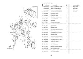 42
FIG. 27 COMBUSTIVEL
REF.
NO.
No. PEÇA DESCRIÇÃO
23PN
OBSERVAÇÕES
1 23P–Y2410–00–01 TANQUE DE COMBUSTIVEL COMP. 1 UR FOR DPBMC
23P–YK241–00–P3 TANQUE DE COMB. COMPLETO 1 UR FOR BWC1
23P–24110–00–P4 TANQUE DE COMBUSTIVEL COMP. 1 UR FOR MNM3
2 23P–24240–00 .JOGO DE GRAFICOS DO TANQUE 1 FOR DPBMC
3 23P–24188–00 MOLDURA DO TANQUE 1
4 23P–24188–10 MOLDURA DO TANQUE 2
5 23P–24104–00 SUPORTE DO TANQUE DE COMB. 1 2
6 90480–18008 .ILHO DE BORRACHA 1
7 90387–06266 .ESPACADOR 1
8 90119–06200 PARAFUSO COM ARRUELA 4
9 90149–06328 PARAFUSO 2
10 90201–06072 ARRUELA PLANA 2
11 95812–08110 PARAFUSO FLANGE 1
12 23P–24183–00 AMORTIZADOR DE LOCALIZACAO 3 2
13 90387–12050 ESPACADOR 1
14 23P–2413Y–00 SUPORTE, FIXACAO DO TANQUE 1
15 95802–06020 PARAFUSO FLANGE 4
16 23P–24181–00 AMORTIZADOR DE LOCALIZACAO 1 2
17 23P–13907–10 BOMBA DE COMBUSTIVEL COMPLETA 1
18 23P–24105–00 SUPORTE DO TANQUE DE COMB. 2 1
19 2D1–24192–00 .SUPORTE DO TANQUE 2 1
20 98902–05008 .PARAFUSO 2
21 19B–24486–01 ANEL DE BORRACHA 1
22 90110–05028 PARAFUSO HEXAGONAL INTERNO 6
23 23P–13971–00 TUBO DE COMBUSTIVEL 1 1
24 90464–16005 BRACADEIRA 1
25 23P–24318–00 TUBO DE TRANSBORDO 2
 