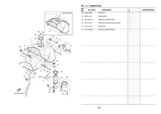 43
FIG. 27 COMBUSTIVEL
REF.
NO.
No. PEÇA DESCRIÇÃO
23PN
OBSERVAÇÕES
26 90467–09006 PRESILHA 2
27 90464–13012 BRACADEIRA 1
28 39P–24602–00 TAMPA DO TANQUE CONJ. 1
29 90110–05112 PARAFUSO HEXAGONAL INTERNO 3
30 91312–05010 PARAFUSO 1
31 3HP–21568–P0 ETIQUETA ADVERTENCIA 1
 
