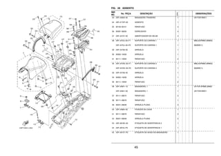 45
FIG. 28 ASSENTO
REF.
NO.
No. PEÇA DESCRIÇÃO
23PN
OBSERVAÇÕES
23 23P–24842–00 BAGAGEIRO TRASEIRO 1 UR FOR BWC1
24 23P–2172P–00 ASSENTO 1
25 90149–06121 PARAFUSO 4
26 90387–06264 ESPACADOR 4
27 23P–24737–00 AMORTIZADOR DO SELIM 4
28 23P–2470J–00–P1 SUPORTE DO CARONA 1 1 MBL2(DPBMC,MNM3)
23P–2470J–00–P0 SUPORTE DO CARONA 1 1 S8(BWC1)
29 23P–24736–00 ARRUELA 1
30 92902–10200 ARRUELA 1
31 90111–10054 PARAFUSO 2
32 23P–2470K–00–P1 SUPORTE DO CARONA 2 1 MBL2(DPBMC,MNM3)
23P–2470K–00–P0 SUPORTE DO CARONA 2 1 S8(BWC1)
33 23P–24736–00 ARRUELA 1
34 92902–10200 ARRUELA 1
35 90111–10054 PARAFUSO 2
36 23P–24841–10 BAGAGEIRO, 1 1 UR FOR DPBMC,MNM3
23P–24841–00 BAGAGEIRO, 1 1 UR FOR BWC1
37 90111–08074 PARAFUSO 2
38 90111–08076 PARAFUSO 1
39 90201–08048 ARRUELA PLANA 3
40 23P–24884–00 FIXADOR DA CAIXA 1
41 90111–08076 PARAFUSO 2
42 90201–08048 ARRUELA PLANA 2
43 23P–2816K–00 ETIQUETA DE ADVERTENCIA 2 1
44 23P–2816J–P0 ETIQUETA DE ADVERTENCIA 1 1
45 23P–2815T–P0 ETIQUETA DE AVISO DO BAGAGEIRO 1
 