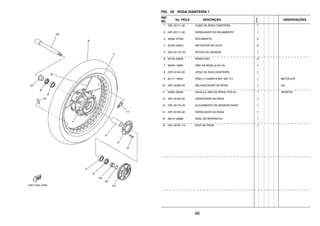 46
FIG. 29 RODA DIANTEIRA 1
REF.
NO.
No. PEÇA DESCRIÇÃO
23PN
OBSERVAÇÕES
1 23P–25111–00 CUBO DA RODA DIANTEIRA 1
2 23P–25117–00 ESPACADOR DO ROLAMENTO 1
3 93306–07208 ROLAMENTO 2
4 93106–28043 RETENTOR DE OLEO 2
5 2S3–2517G–00 ROTOR DO SENSOR 1
6 90149–05029 PARAFUSO 5
7 94425–19003 ARO DA RODA (2.50-19) 1
8 23P–25104–00 JOGO DE RAIO DIANTEIRO 1
9 94111–19024 PNEU (110/80R19 M/C 59V TL) 1 METZELER
10 23P–25398–00 BALANCEADOR DA RODA 1 UN
11 93900–00030 VALVULA ARO DA RODA (TR412) 1 TAIHEIYO
12 23P–25186–00 ESPACADOR DA RODA 1
13 23P–2517A–00 ALOJAMENTO DO SENSOR DIANT. 1
14 23P–25183–00 ESPACADOR DA RODA 1
15 93210–26668 ANEL DE BORRACHA 1
16 4XV–25181–10 EIXO DA RODA 1
 