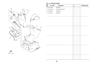52
FIG. 33 GUIDAO E CABOS
REF.
NO.
No. PEÇA DESCRIÇÃO
23PN
OBSERVAÇÕES
28 92014–08060 PARAFUSO 1
29 23P–2622E–00 SUPORTE DO GUIDAO 4 1
30 90387–05021 ESPACADOR 1
31 90111–05031 PARAFUSO 1
 