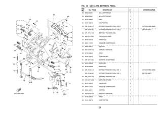 57
FIG. 36 CAVALETE. ESTRIBOS. PEDAL
REF.
NO.
No. PEÇA DESCRIÇÃO
23PN
OBSERVAÇÕES
28 90508–20051 MOLA DE TORCAO 1
29 90508–20041 MOLA DE TORCAO 1
30 91701–08040 PINO 2
31 91401–25015 CONTRAPINO 2
32 23P–27430–10 ESTRIBO TRASEIRO CONJ. ESQ. 1 1 UR FOR DPBMC,MNM3
23P–27430–00 ESTRIBO TRASEIRO CONJ. ESQ. 1 1 UR FOR BWC1
33 5RT–27431–00 .ESTRIBO TRASEIRO ESQ. 1
34 4D9–27413–00 .CAPA DO ESTRIBO 1
35 90157–05079 .PARAFUSO 2
36 90501–12743 .MOLA DE COMPRESSAO 1
37 93501–04011 .ESFERA 1
38 5VX–27437–00 .ARRUELA ESPECIAL 1
39 91702–08040 .PINO 1
40 91401–25015 .CONTRAPINO 1
41 23P–27412–00 SUPORTE DO ESTRIBO 1 1
42 92012–05008 PARAFUSO 2
43 90109–085G6 PARAFUSO 2
44 23P–27440–10 ESTRIBO TRASEIRO CONJ. DIR. 2 1 UR FOR DPBMC,MNM3
23P–27440–00 ESTRIBO TRASEIRO CONJ. DIR. 2 1 UR FOR BWC1
45 5RT–27441–00 .ESTRIBO TRASEIRO DIR. 1
46 4D9–27413–00 .CAPA DO ESTRIBO 1
47 90157–05079 .PARAFUSO 2
48 90501–12743 .MOLA DE COMPRESSAO 1
49 93501–04011 .ESFERA 1
50 5VX–27437–00 .ARRUELA ESPECIAL 1
51 91702–08040 .PINO 1
52 91401–25015 .CONTRAPINO 1
 
