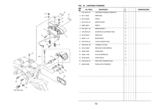 72
FIG. 45 LANTERNA TRASEIRA
REF.
NO.
No. PEÇA DESCRIÇÃO
23PN
OBSERVAÇÕES
1 23P–84710–00 LANTERNA TRASEIRA COMPLETA 1
2 90111–05021 PARAFUSO 1
3 90179–05523 PORCA 1
4 5SL–84753–00 AMORTIZADOR 2
5 90269–06001 REBITE 2
6 5PS–28217–00 AMORTIZADOR 1 2
7 23P–84519–00 SUPORTE DA LANTERNA TRAS. 1
8 97702–50016 PARAFUSO 2
9 90464–11121 BRACADEIRA 2
10 23P–84745–00 LUZ DA LICENCA CONJ. 1
11 5DM–84347–00 .LAMPADA (12V-5W) 1
12 90119–05020 PARAFUSO COM ARRUELA 2
13 90387–05042 ESPACADOR 2
14 90480–11009 ILHO DE BORRACHA 2
15 90183–05076 PORCA MOLA 2
16 3Y6–85130–02 REFLETOR TRASEIRO CONJ. 1
17 95604–05200 PORCA AUTO-TRAVANTE 1
 