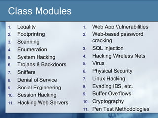 Class Modules
1.    Legality              1.    Web App Vulnerabilities
2.    Footprinting          2.    Web-based password
3.    Scanning                    cracking
4.    Enumeration           3.    SQL injection
5.    System Hacking        4.    Hacking Wireless Nets
6.    Trojans & Backdoors   5.    Virus
7.    Sniffers              6.    Physical Security
8.    Denial of Service     7.    Linux Hacking
9.    Social Engineering    8.    Evading IDS, etc.
10.   Session Hacking       9.    Buffer Overflows
11.   Hacking Web Servers   10.   Cryptography
                            11.   Pen Test Methodologies
 