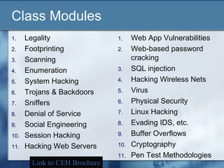 Class Modules
1.    Legality                1.    Web App Vulnerabilities
2.    Footprinting            2.    Web-based password
3.    Scanning                      cracking
4.    Enumeration             3.    SQL injection
5.    System Hacking          4.    Hacking Wireless Nets
6.    Trojans & Backdoors     5.    Virus
7.    Sniffers                6.    Physical Security
8.    Denial of Service       7.    Linux Hacking
9.    Social Engineering      8.    Evading IDS, etc.
10.   Session Hacking         9.    Buffer Overflows
11.   Hacking Web Servers     10.   Cryptography
                              11.   Pen Test Methodologies
       Link to CEH Brochure
 