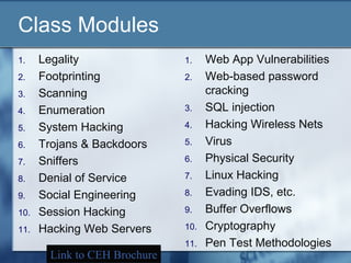 Class Modules
1.    Legality                1.    Web App Vulnerabilities
2.    Footprinting            2.    Web-based pa...