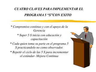 CUATRO CLAVES PARA IMPLEMENTAR EL
PROGRAMA 5 “S”CON EXITO
* Compromiso continuo y con el apoyo de la
Gerencia
* Super 5 S inicia con educación y
capacitación
* Cada quien toma su parte en el programa 5
S practicandolo no como observador.
* Repetir el ciclo de las 5 S para incrementar
el estándar- Mejora Continua
 