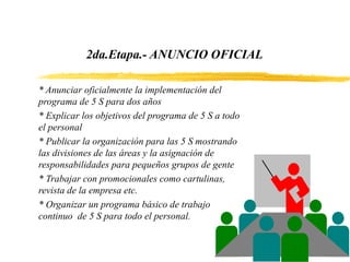 2da.Etapa.- ANUNCIO OFICIAL
* Anunciar oficialmente la implementación del
programa de 5 S para dos años
* Explicar los objetivos del programa de 5 S a todo
el personal
* Publicar la organización para las 5 S mostrando
las divisiones de las áreas y la asignación de
responsabilidades para pequeños grupos de gente
* Trabajar con promocionales como cartulinas,
revista de la empresa etc.
* Organizar un programa básico de trabajo
continuo de 5 S para todo el personal.
 